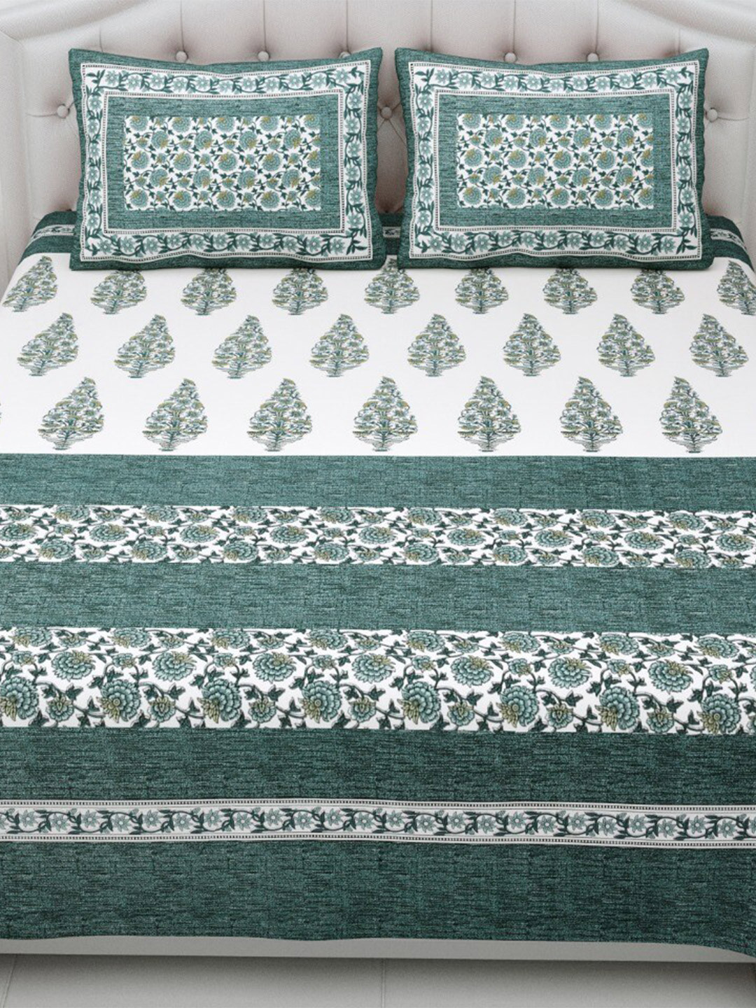 

Qfab White & Green Floral Cotton 144 TC King Bedsheet with 2 Pillow Covers