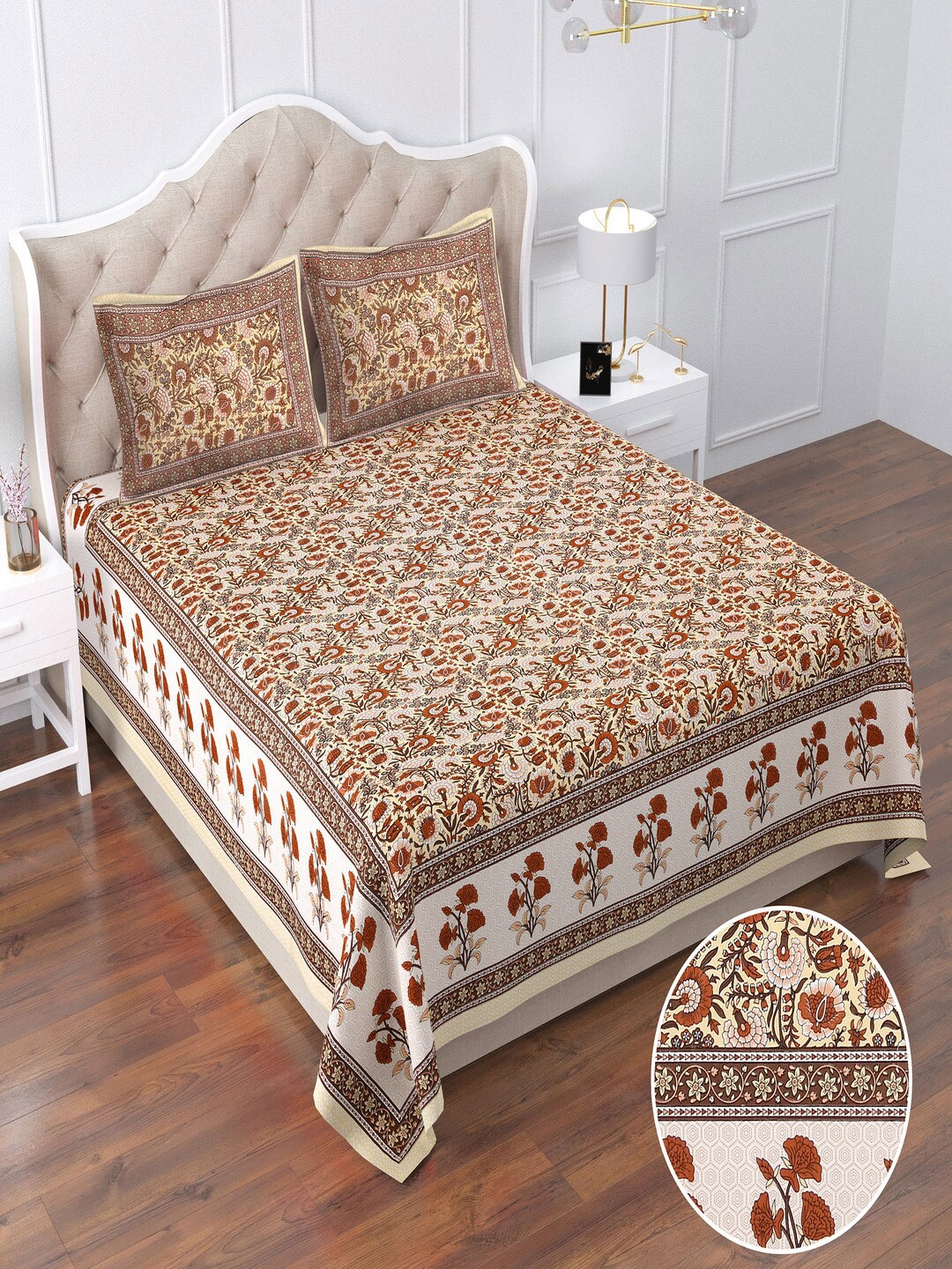 

Qfab Beige & Brown Floral 144 TC Queen Bedsheet with 2 Pillow Covers