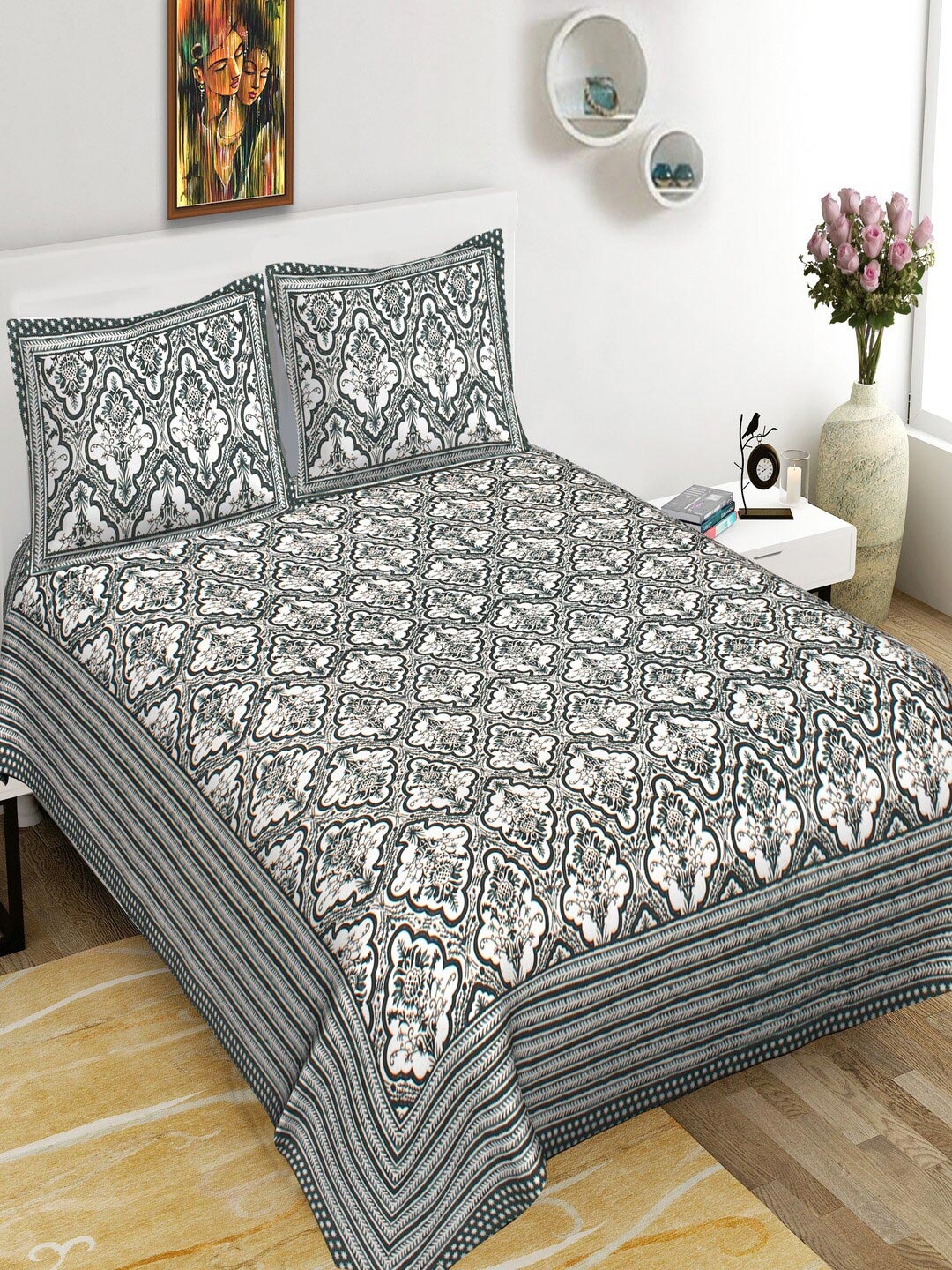 

Qfab Green & White Ethnic Motifs Cotton 144 TC King Bedsheet With 2 Pillow Covers