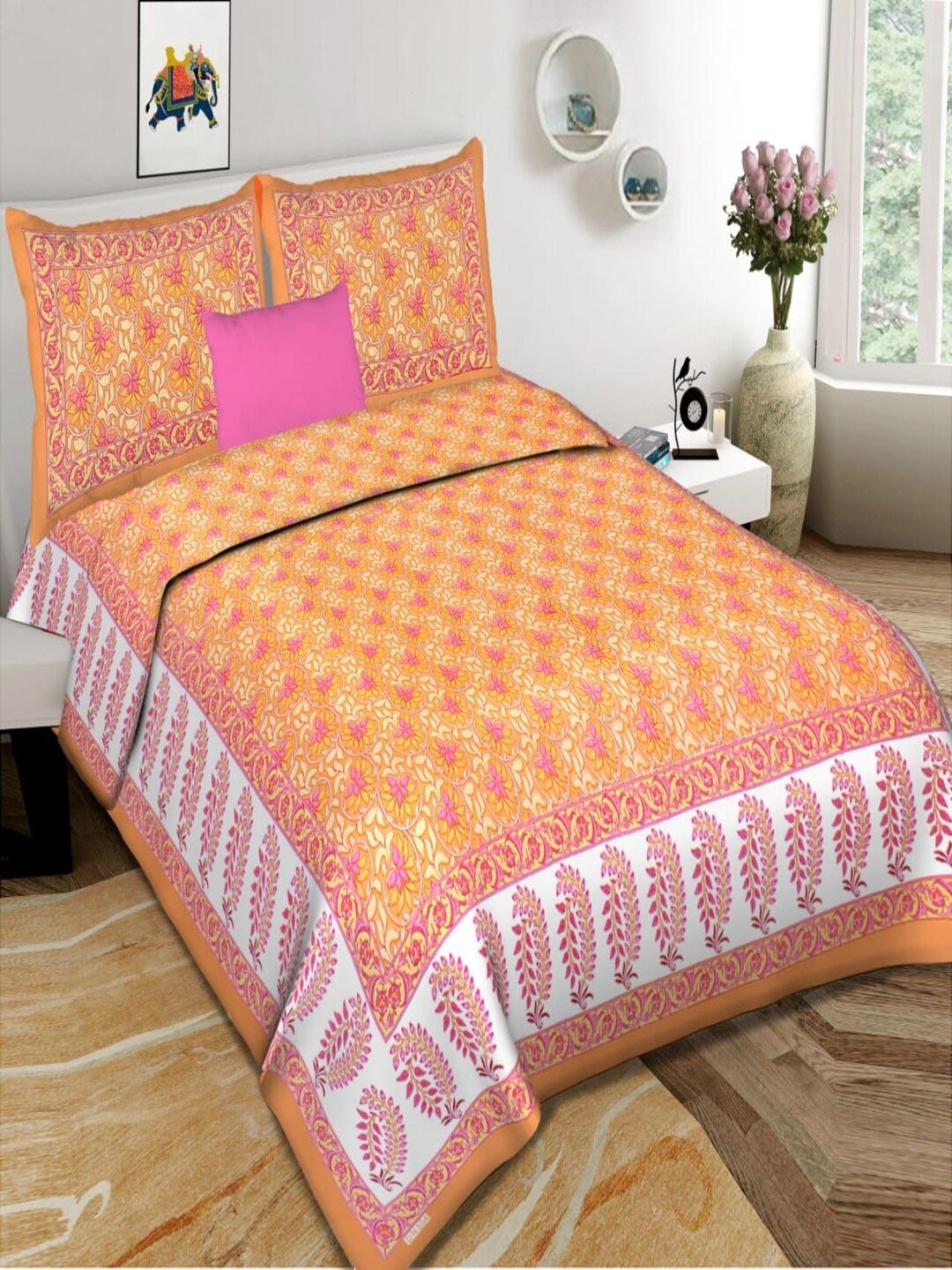 

Qfab Orange & White Floral Cotton 144 TC King Bedsheet With 2 Pillow Covers