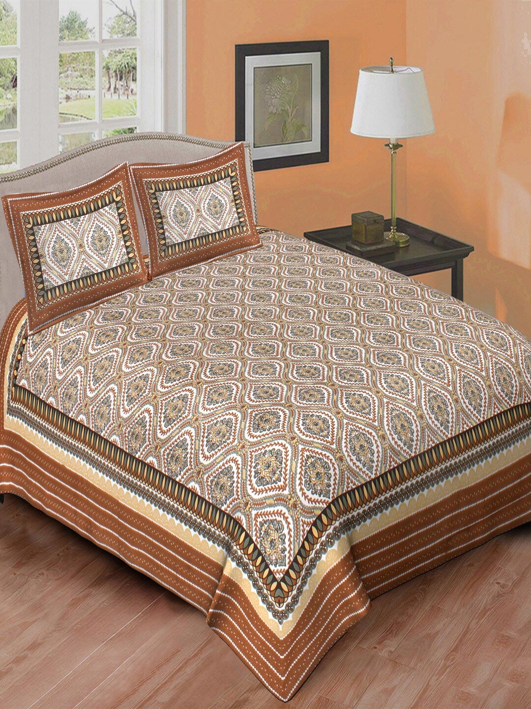 

Qfab Brown & White Ethnic Motifs Cotton 144 TC Queen Bedsheet With 2 Pillow Covers