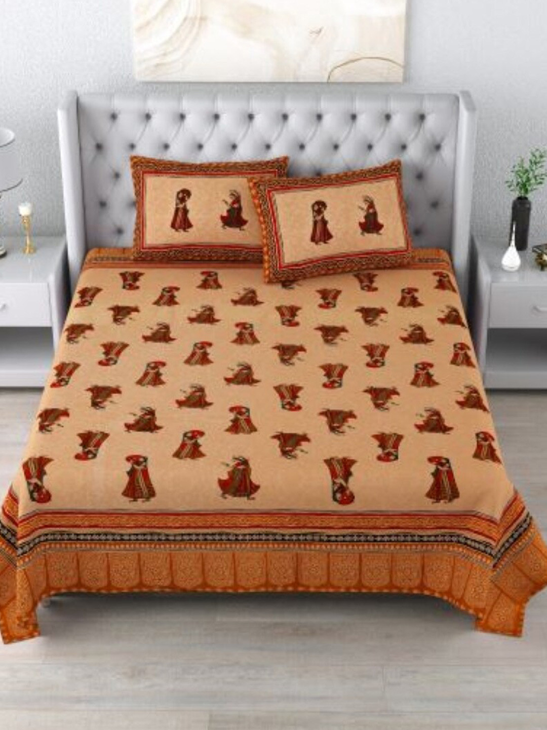

Qfab Orange & Red Ethnic Motifs Cotton 144 TC King Bedsheet With 2 Pillow Covers