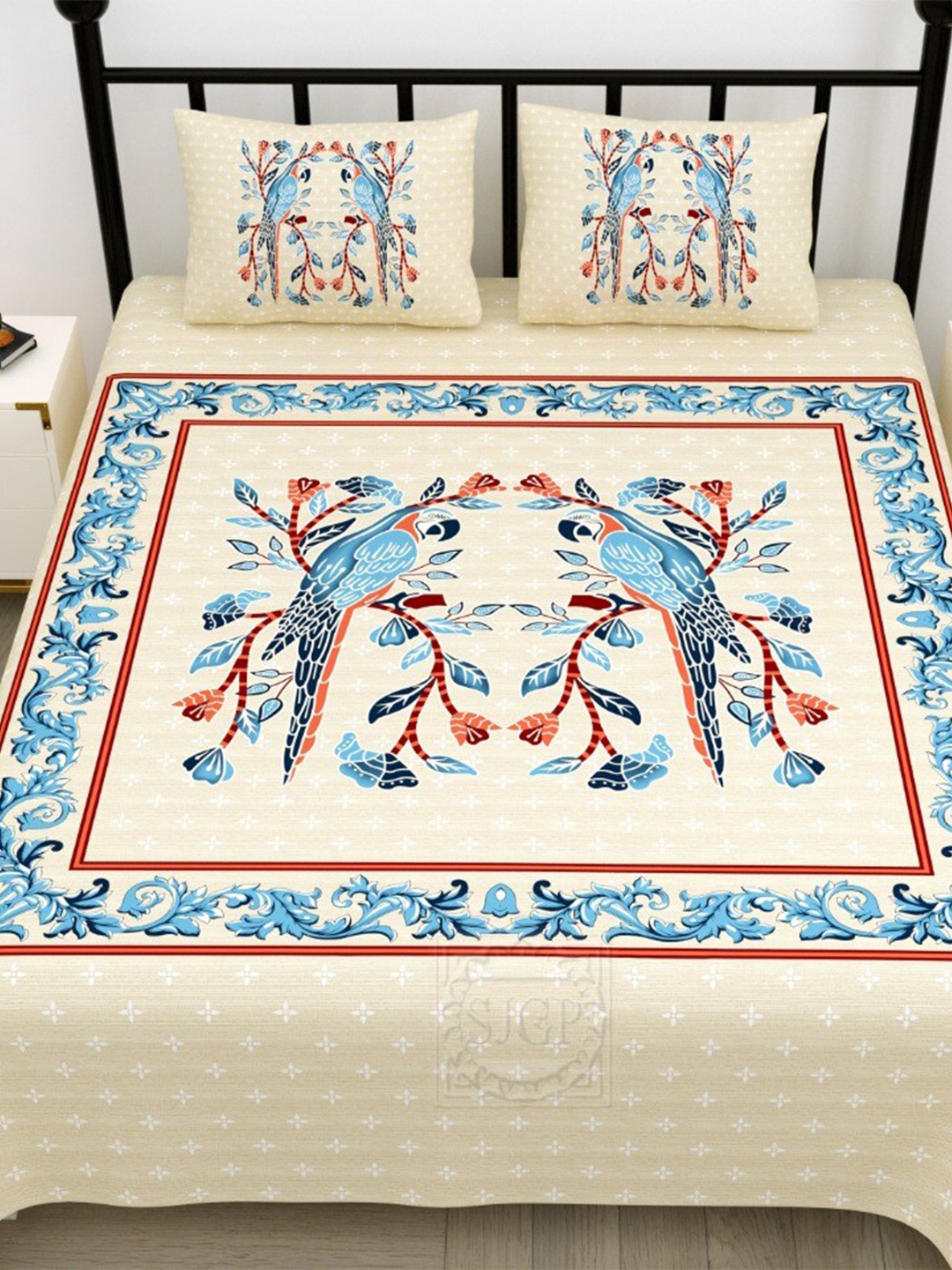 

Qfab Cream & Blue Floral Cotton 144 TC King Bedsheet With 2 Pillow Covers