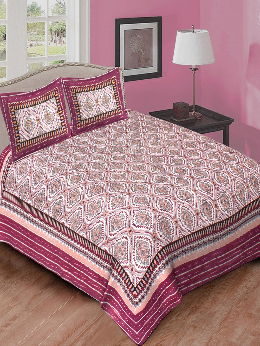 

Qfab Maroon & White Ethnic Motifs Cotton 144 TC Queen Bedsheet With 2 Pillow Covers