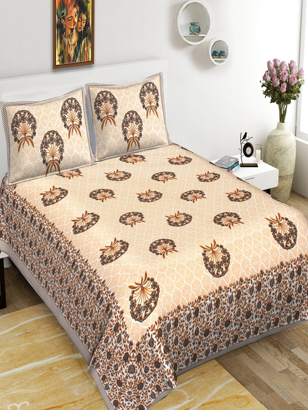 

Qfab Beige & Brown Floral Cotton 144 TC King Bedsheet With 2 Pillow Covers