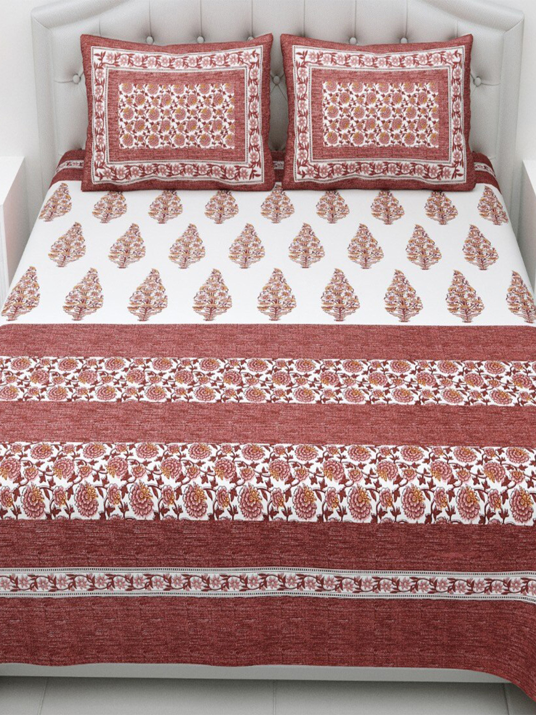 

Qfab White & Maroon Floral Cotton 144 TC King Bedsheet With 2 Pillow Covers