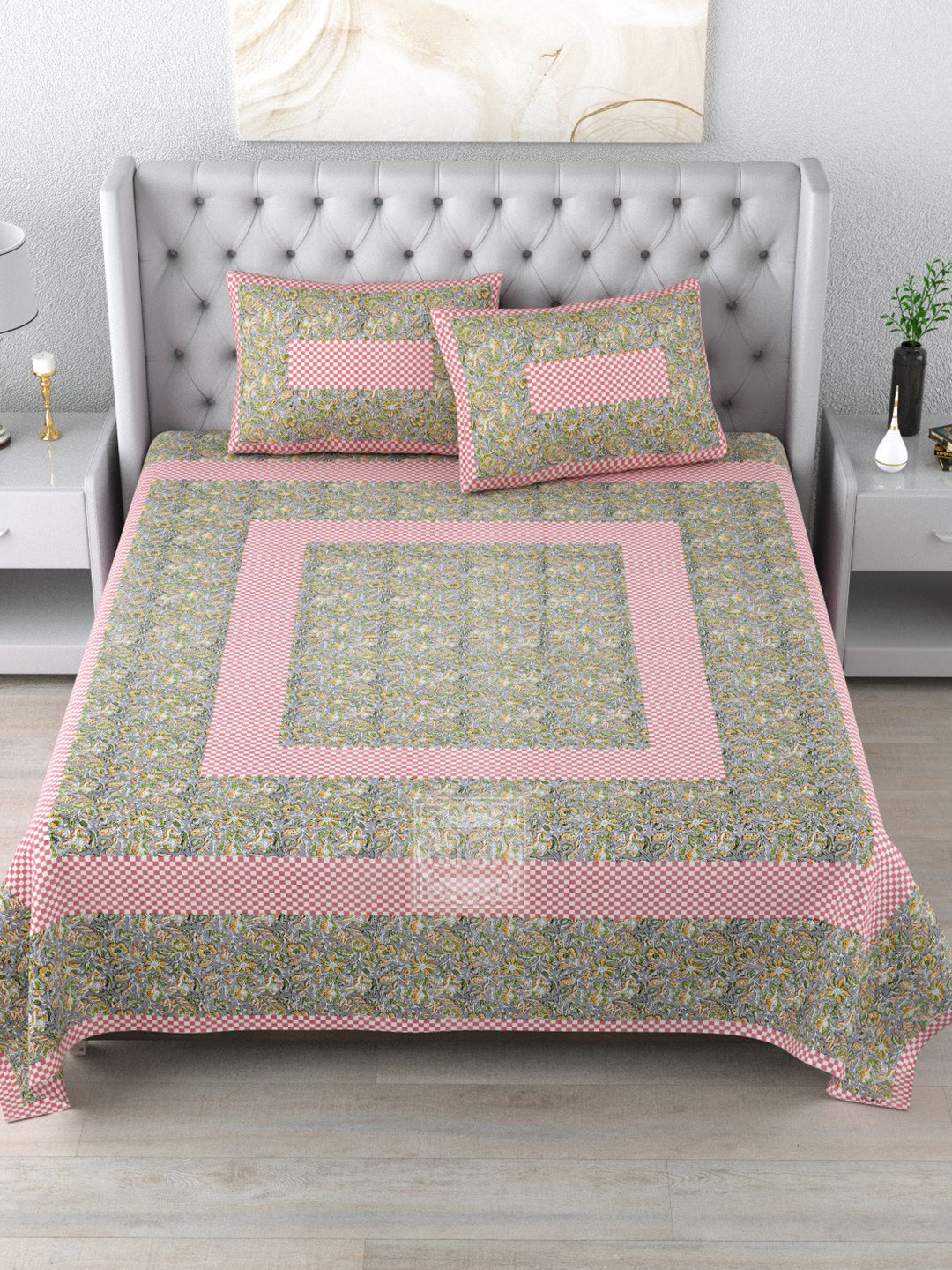 

Qfab Pink & Green Floral Cotton 144 TC King Bedsheet With 2 Pillow Covers