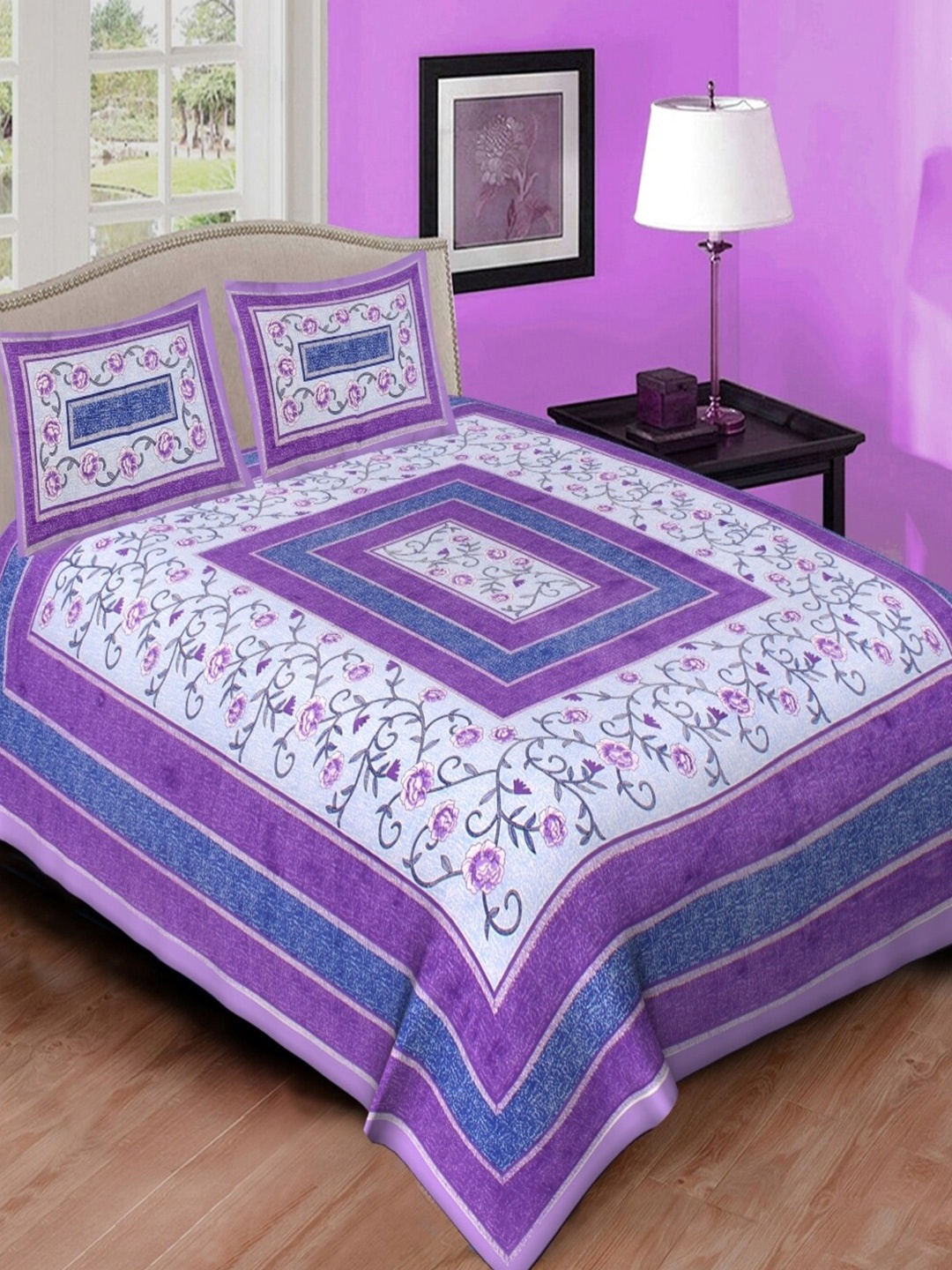 

Qfab Purple & White Floral Cotton 144 TC Queen Bedsheet With 2 Pillow Covers