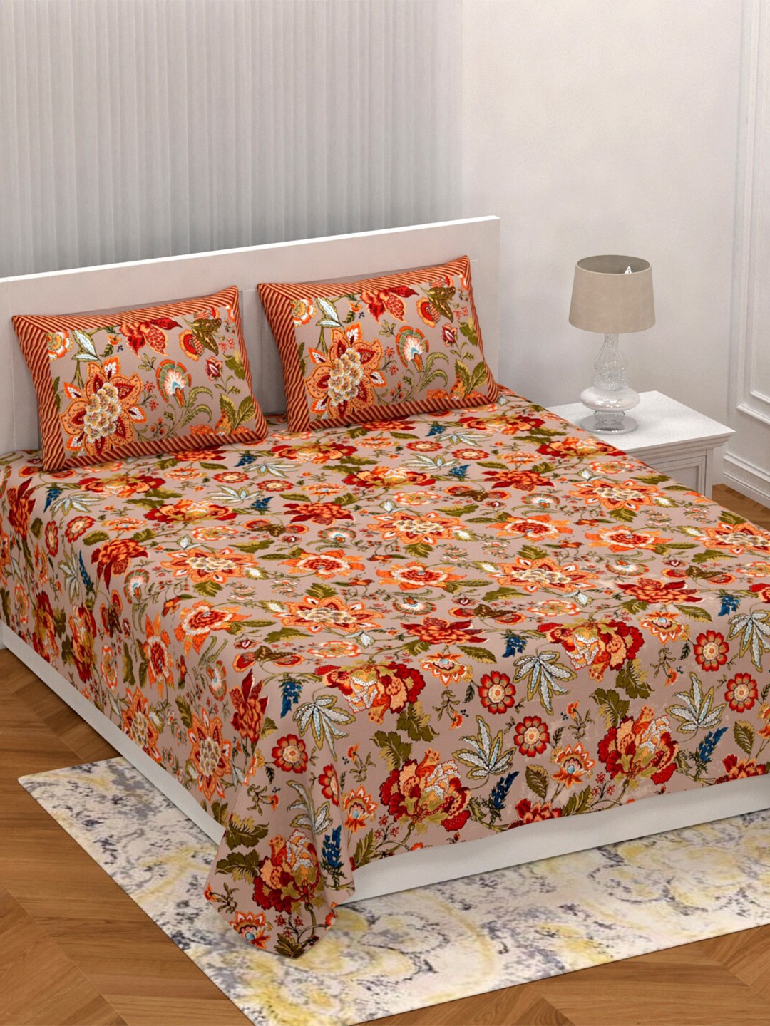 

Qfab Brown & Orange Floral Cotton 144 TC King Bedsheet With 2 Pillow Covers