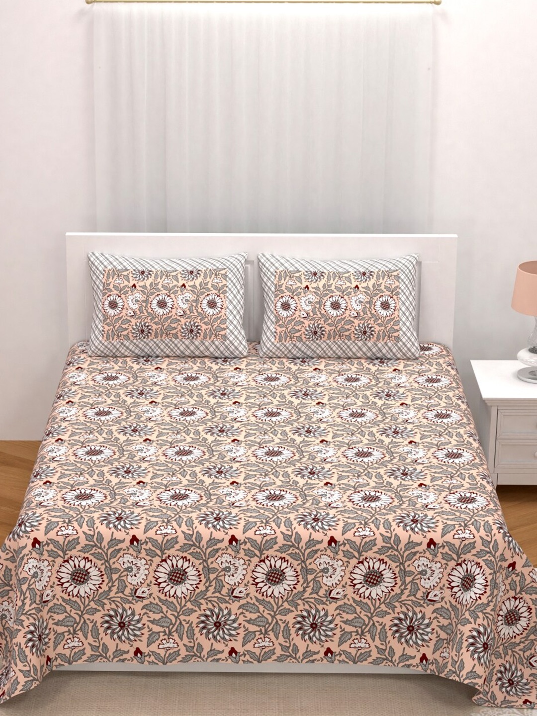 

Qfab Orange & White Floral Cotton 144 TC King Bedsheet With 2 Pillow Covers