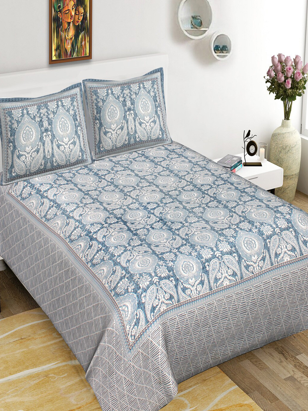 

Qfab Grey & Blue Ethnic Motifs Cotton 144 TC King Bedsheet With 2 Pillow Covers