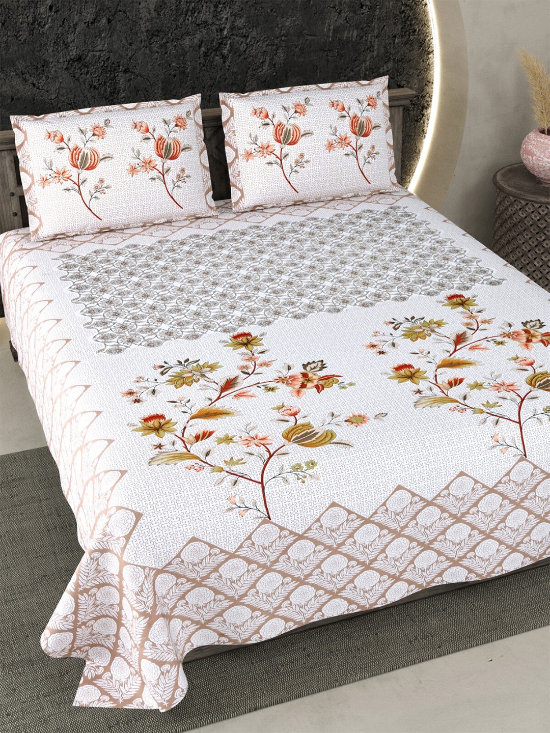 

Qfab Cream & Orange Floral Cotton 144 TC King Bedsheet with 2 Pillow Covers