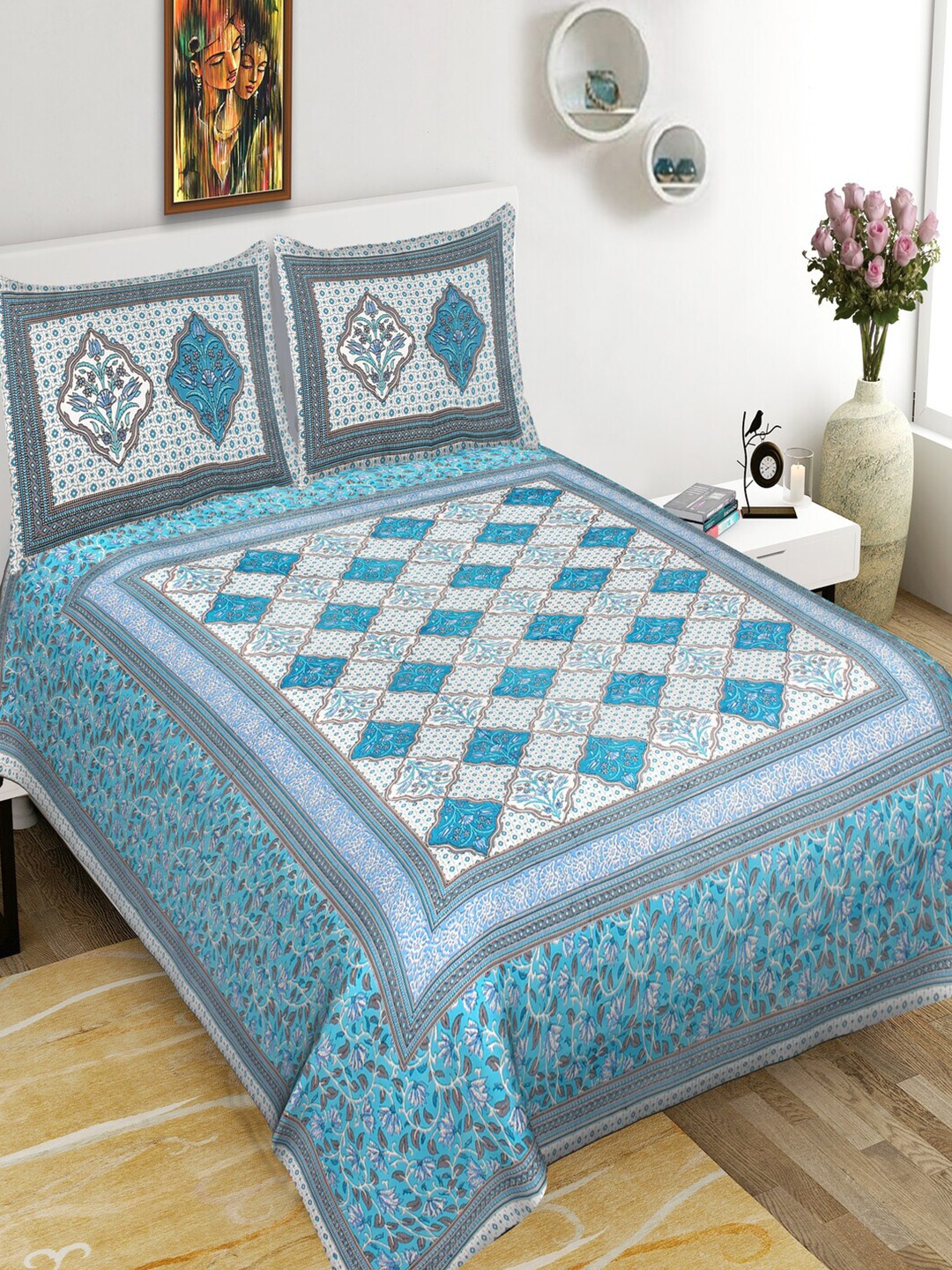 

Qfab Blue Floral Cotton144 TC Queen Bedsheet with 2 Pillow Covers