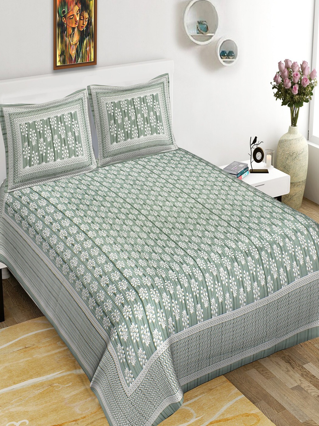 

Qfab Green & White Floral Cotton 144 TC King Bedsheet with 2 Pillow Covers