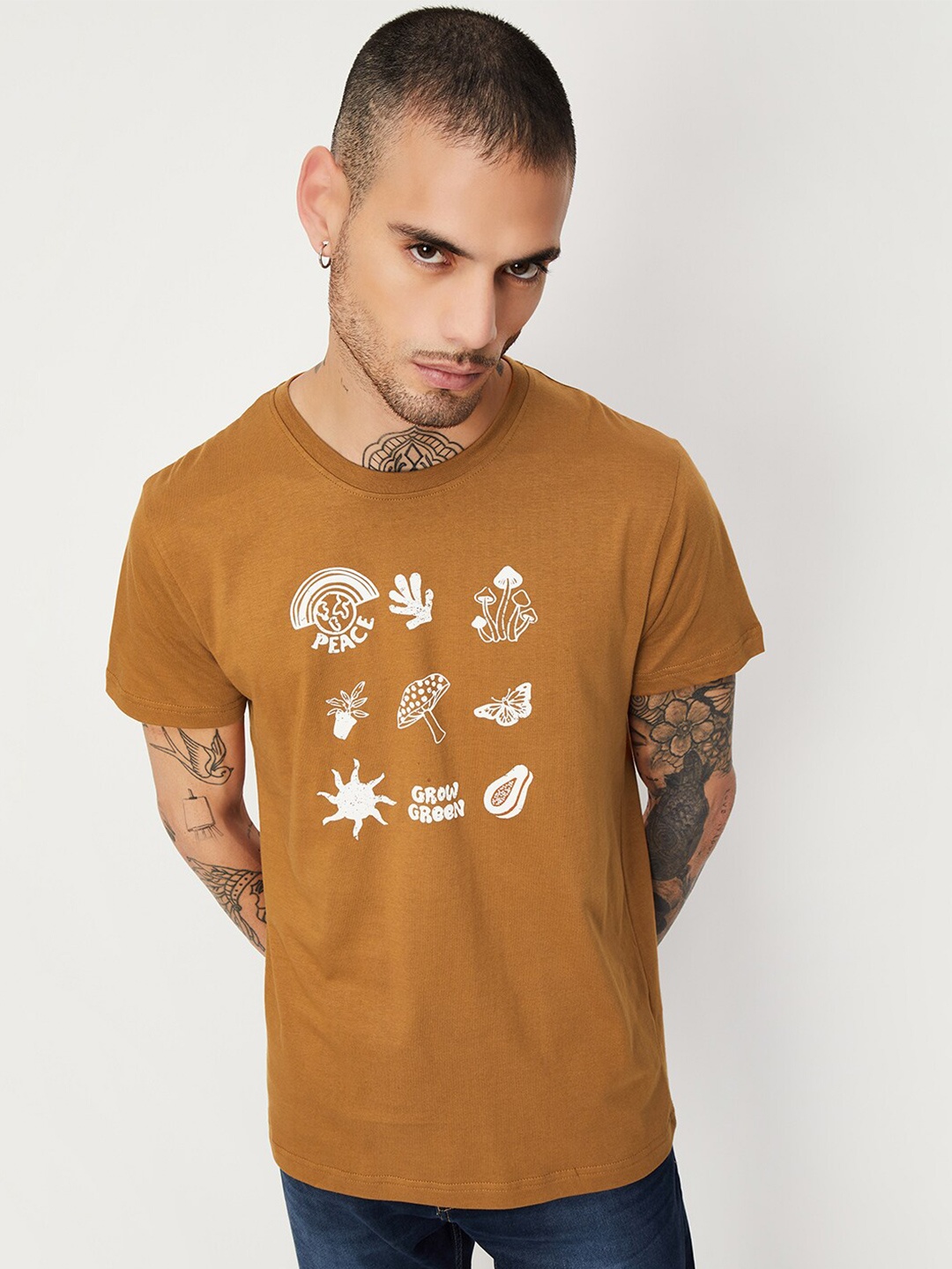 

max Conversational Printed Round Neck Pure Cotton T-shirt, Brown