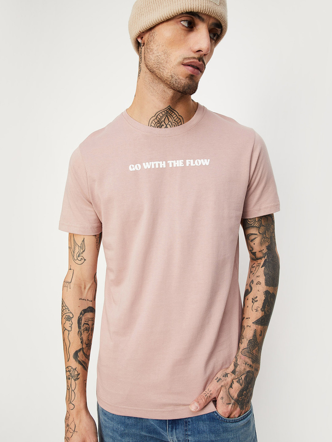 

max Typography Printed Round Neck Pure Cotton T-shirt, Mauve