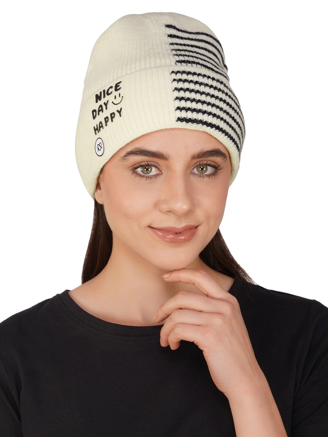 

iSWEVEN Women Printed Woollen Beanie, Cream