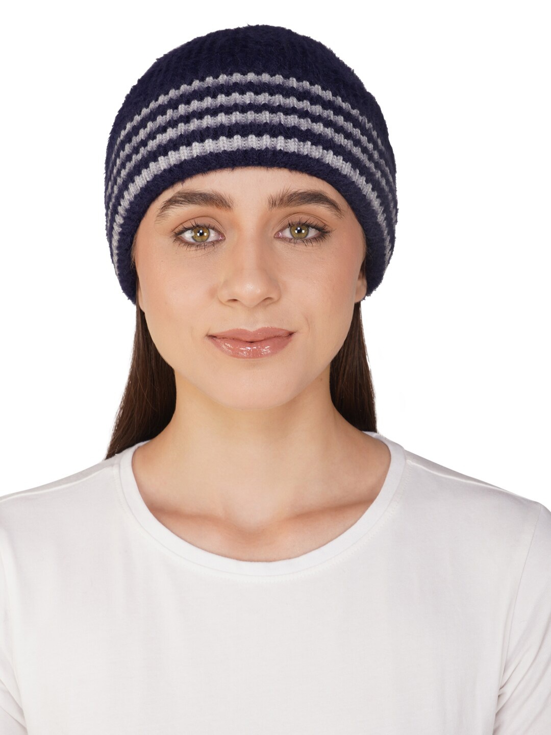 

iSWEVEN Women Striped Woollen Beanie, Navy blue