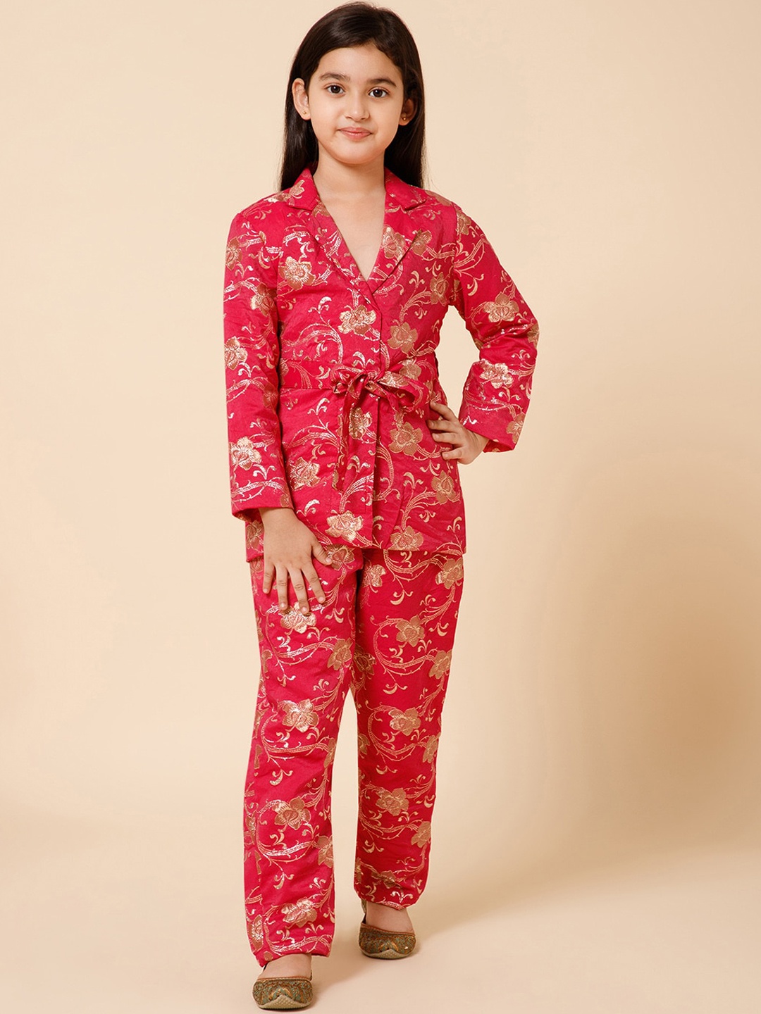 

PICCOLO Girls Woven Design Silk Blazer With Trousers & Belt, Pink