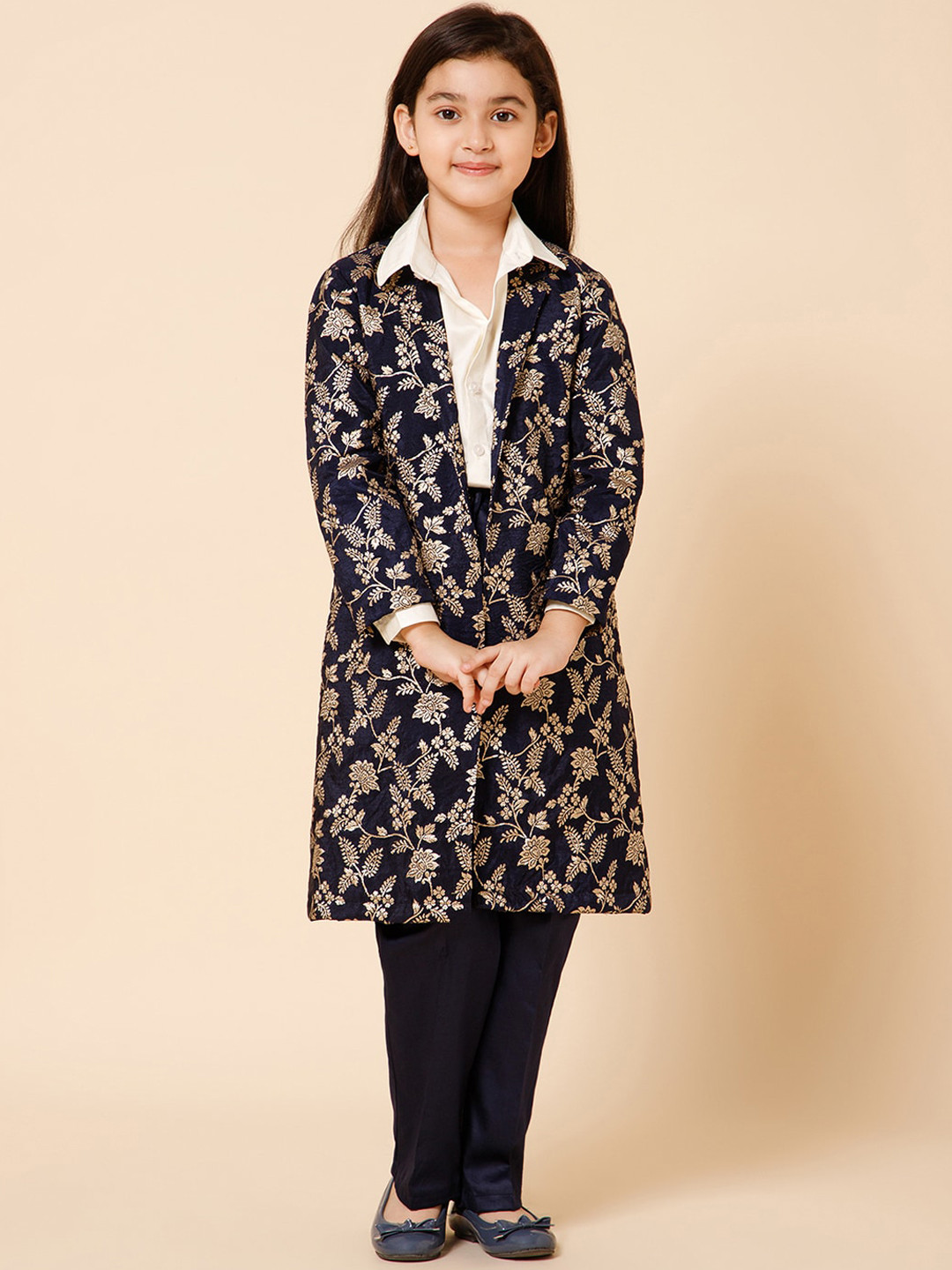 

PICCOLO Girls Woven Design Silk Long Jacket With Shirt & Trousers, Blue