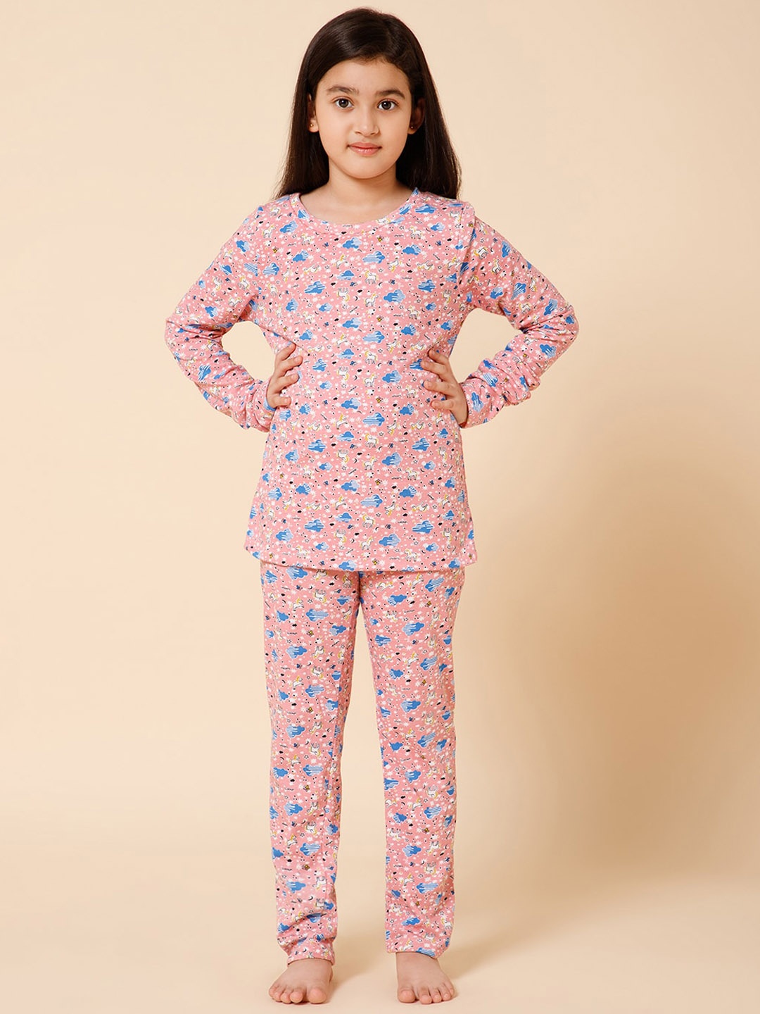 

PICCOLO Girls Graphic Printed T-shirt With Lounge Pant, Pink