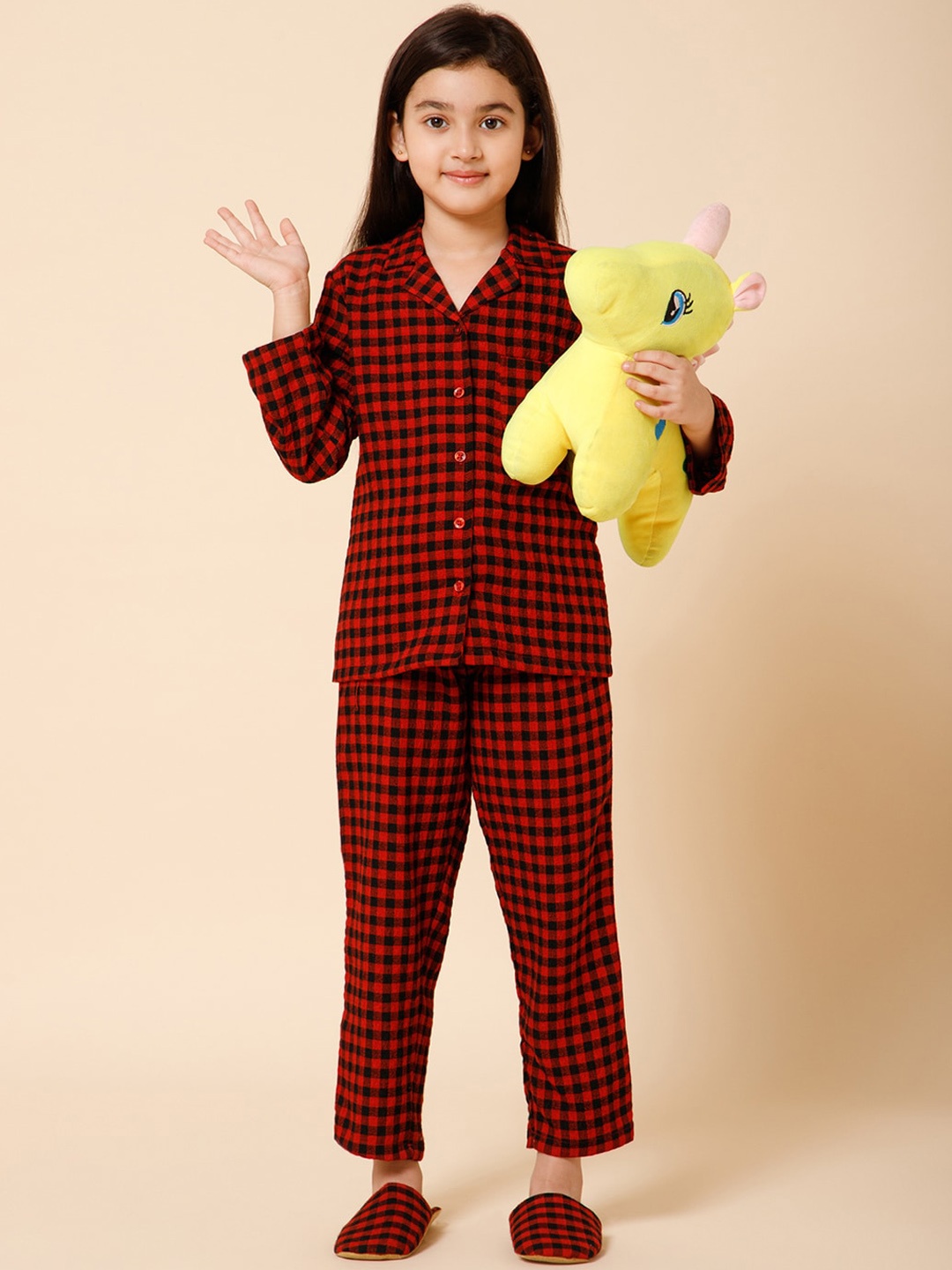 

PICCOLO Girls Checked Shirt With Lounge Pant, Red