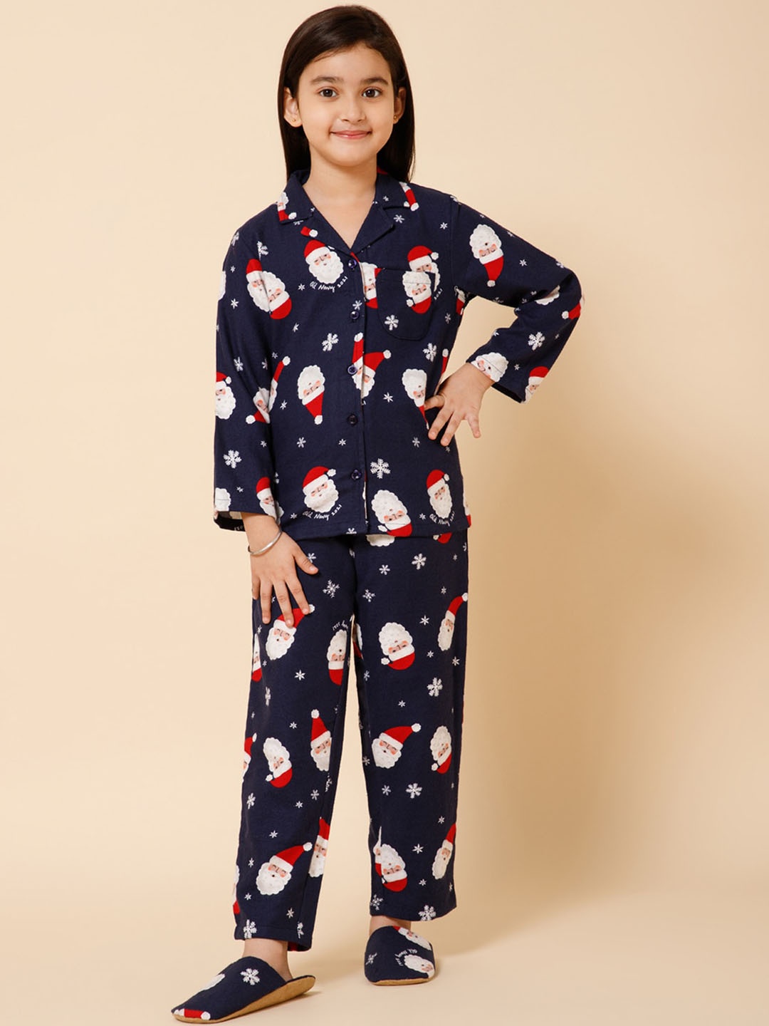 

PICCOLO Girls Graphic Printed Shirt With Lounge Pant, Navy blue