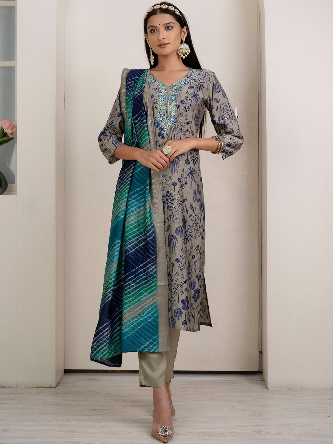 

Kohsh Floral Printed Mirror Work Kurta with Trousers & Dupatta, Grey