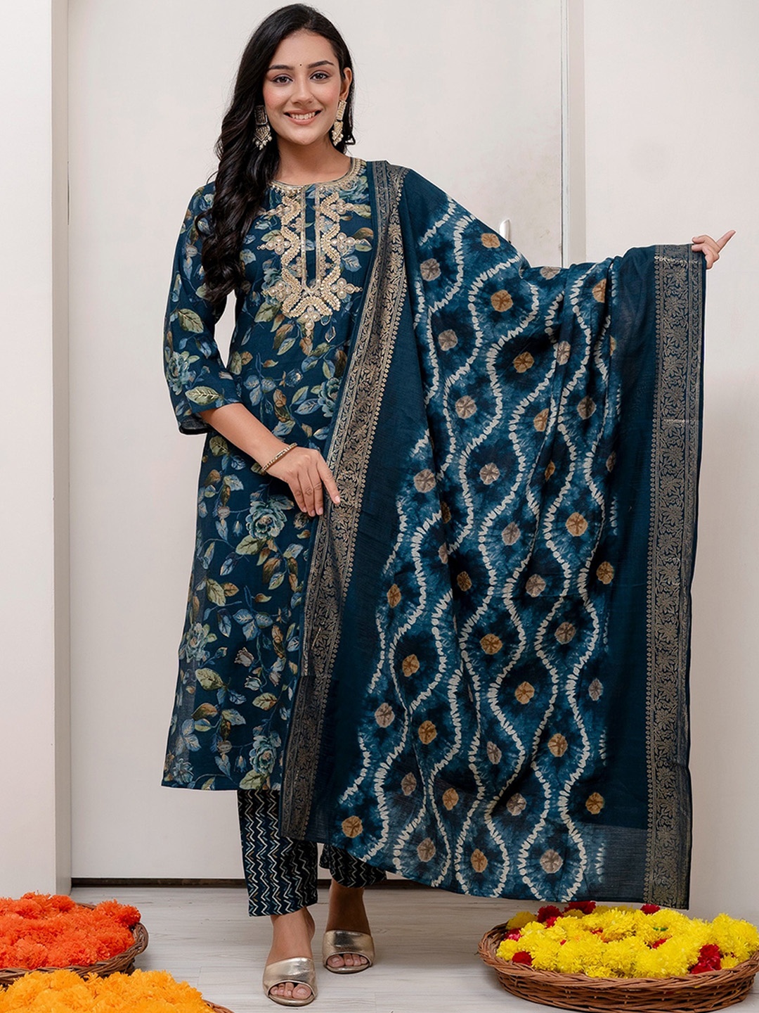 

Kohsh Floral Printed Zari Kurta with Trousers & Dupatta, Navy blue