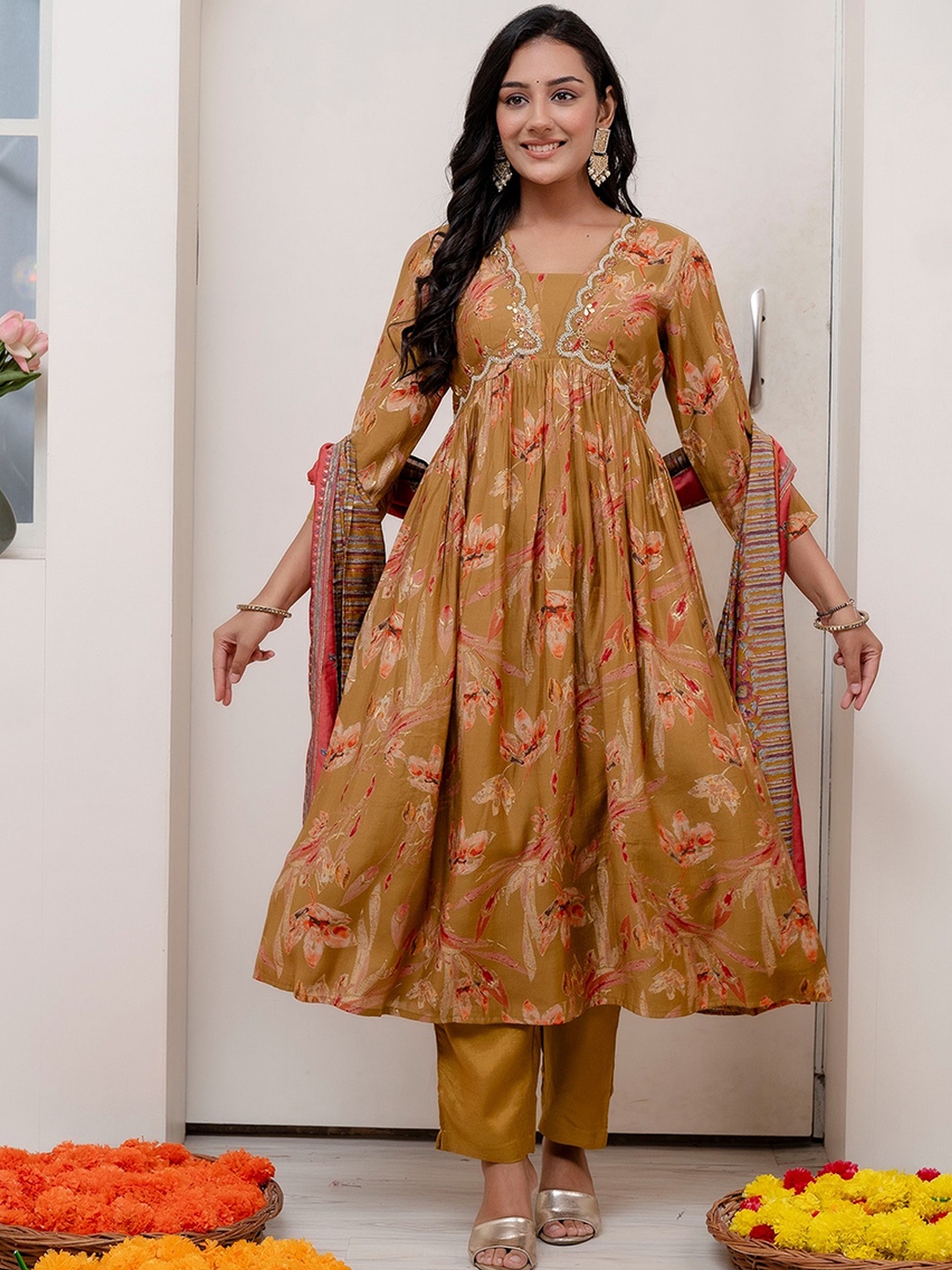 

Kohsh Floral Printed Sequinned A Line Kurta With Trousers & Dupatta, Brown