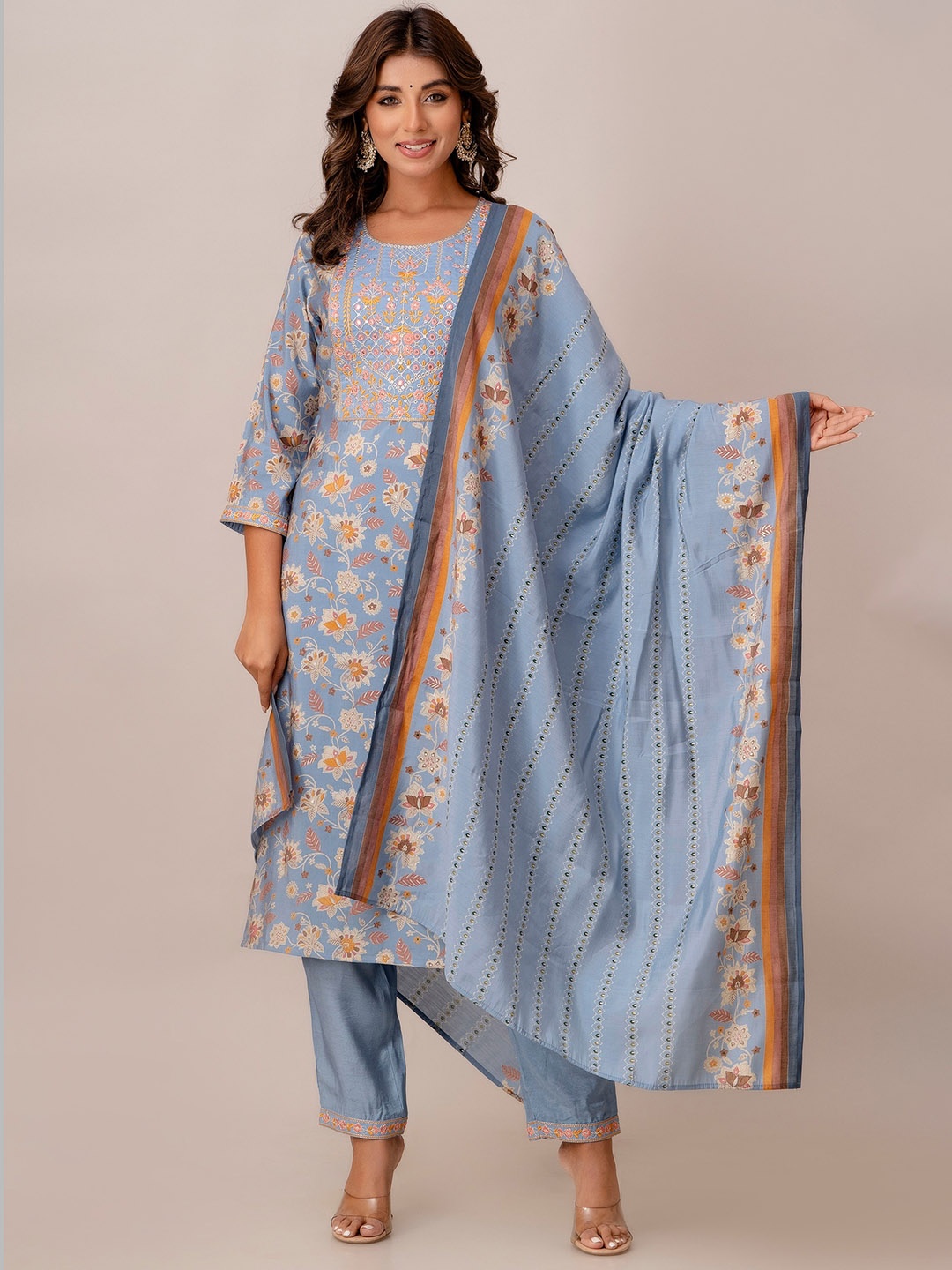 

Kohsh Floral Printed Mirror & Thread Work Kurta with Trousers & Dupatta, Blue