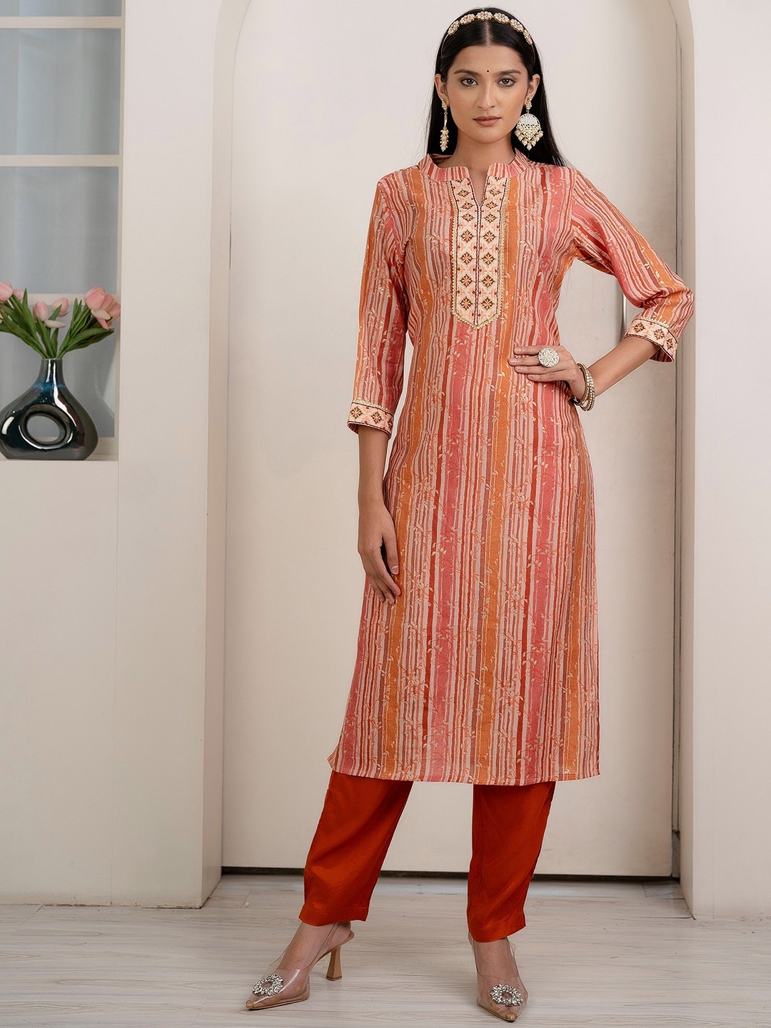 

Kohsh Striped Mandarin Collar Gotta Patti Kurta with Trousers, Peach