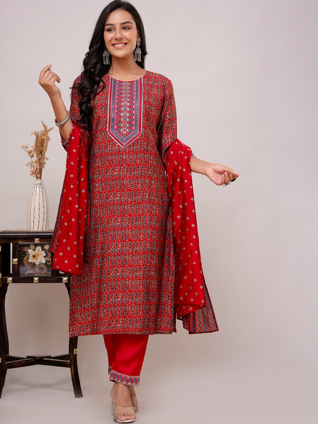 

Kohsh Ethnic Motifs Printed Mirror Work Straight Kurta With Trousers & Dupatta, Red