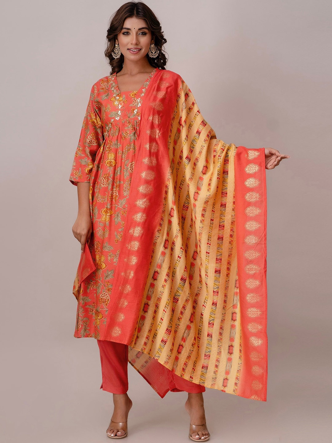 

Kohsh Floral Printed Gotta Patti A Line Kurta With Trousers & Dupatta, Peach