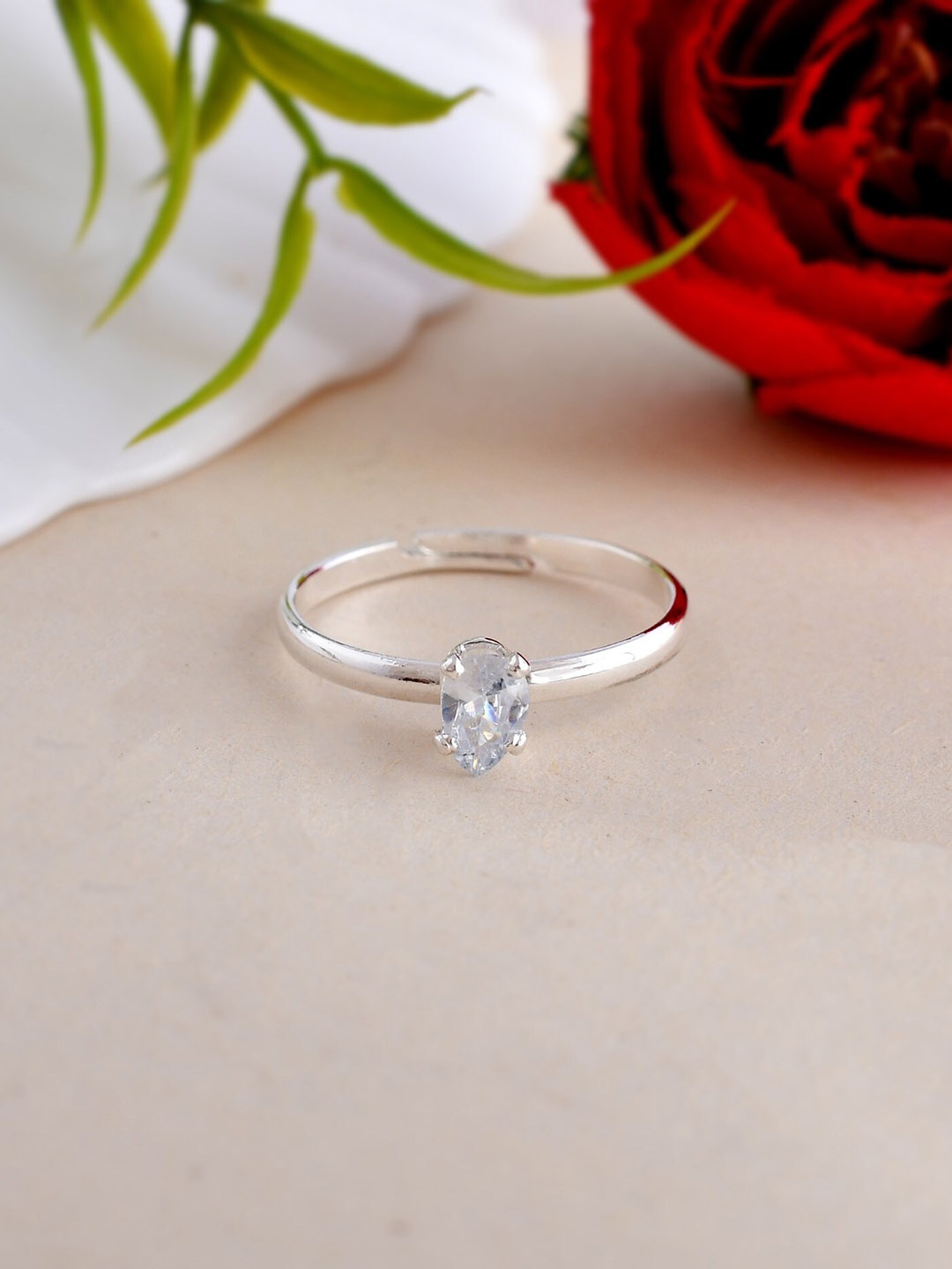 

VOJ Silver-Plated CZ-Studded Adjustable Finger Ring