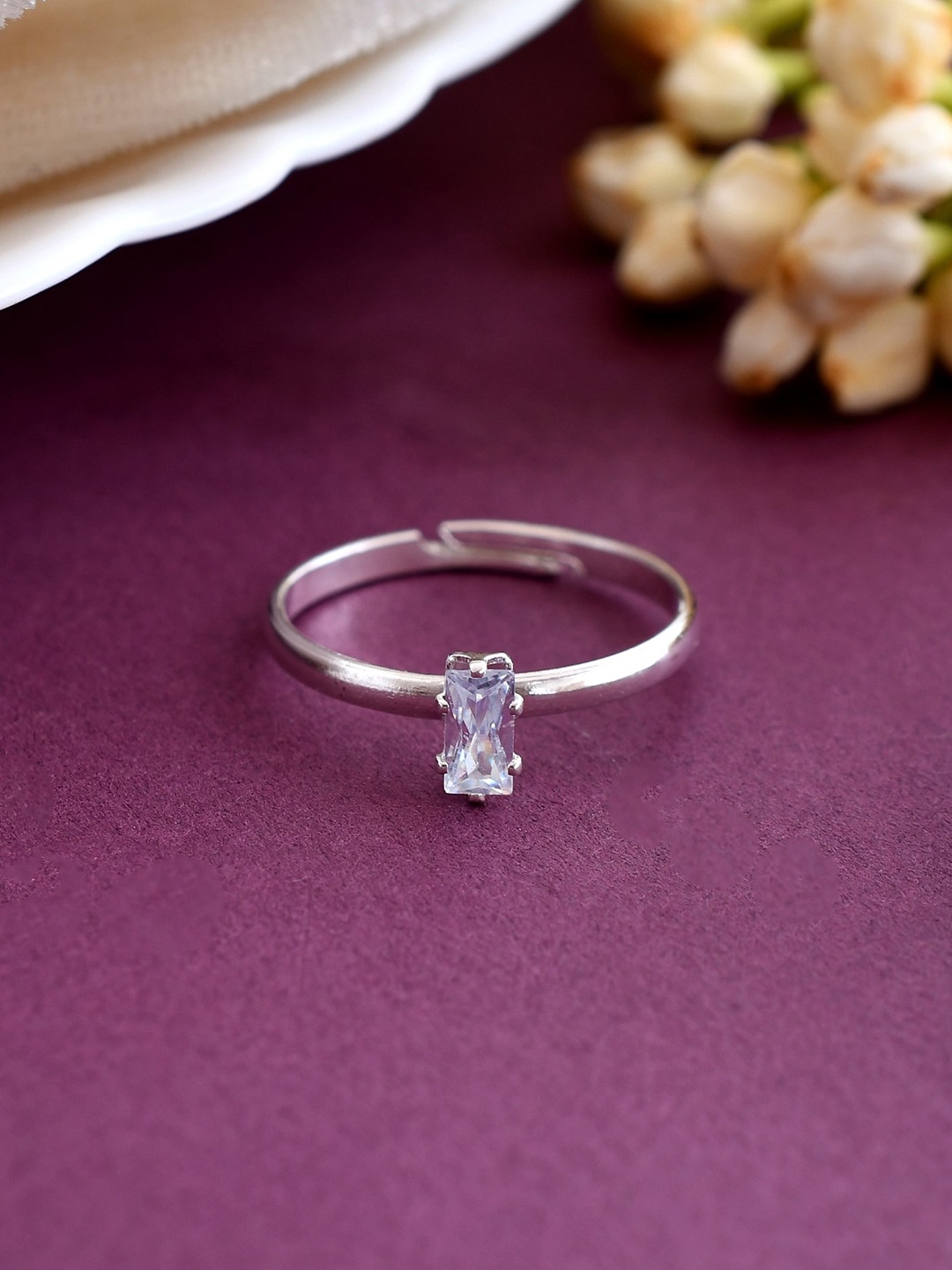 

VOJ Silver-Plated CZ Studded Adjustable Ring