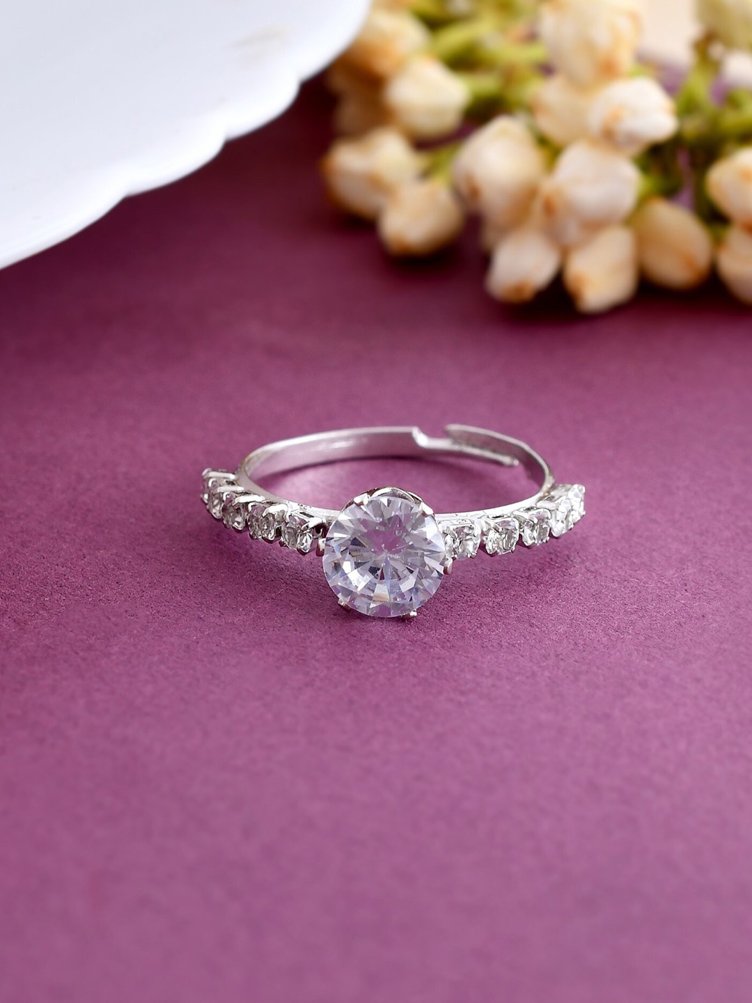 

VOJ Silver-Plated CZ-Studded Solitaire Adjustable Finger Ring