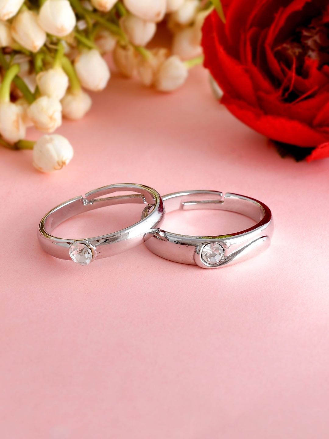 

VOJ Set Of 2 Silver-Plated CZ-Studded Adjustable Couple Finger Rings
