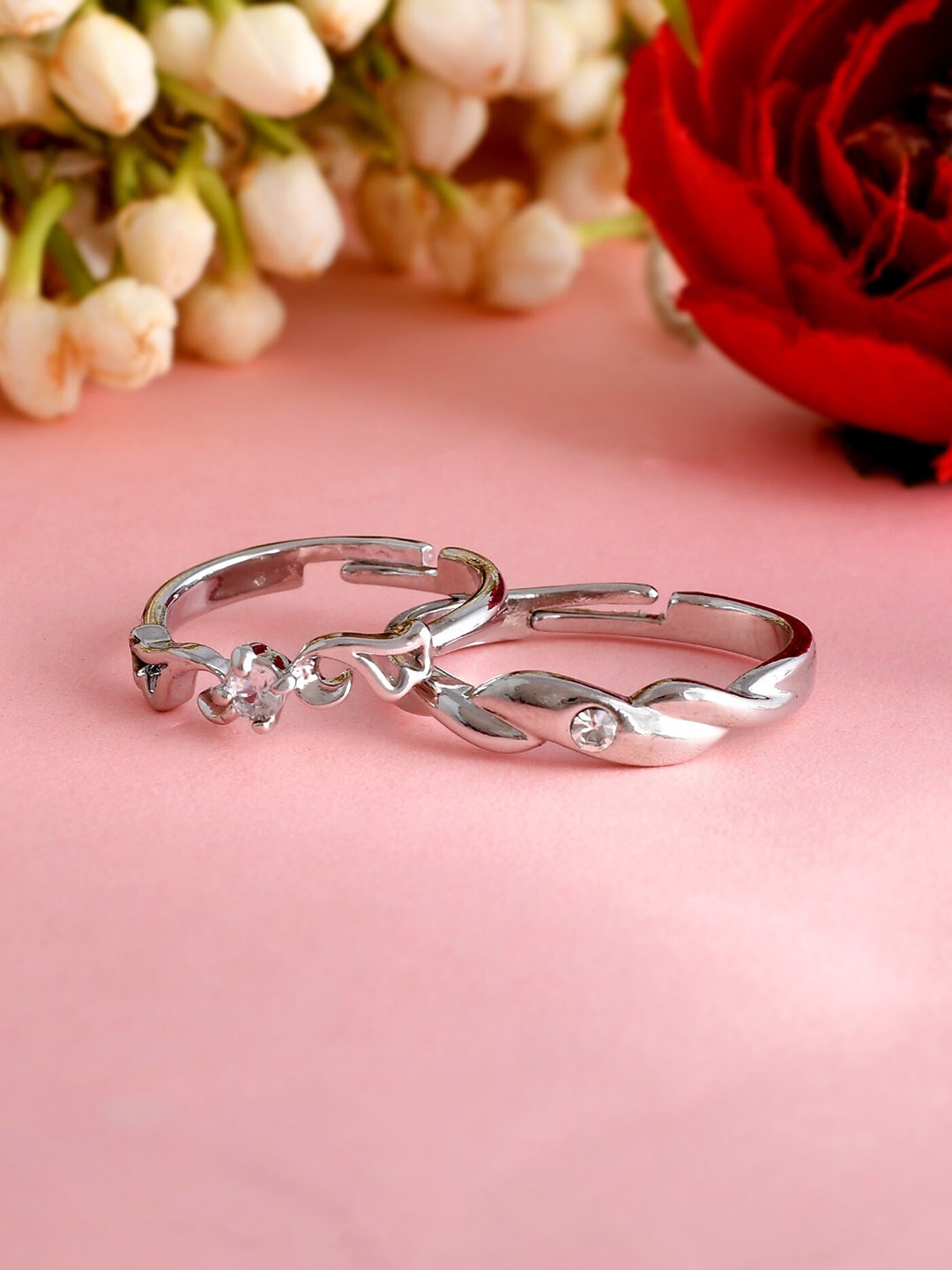 

VOJ Silver-Plated CZ-Studded Adjustable Finger Couple Ring