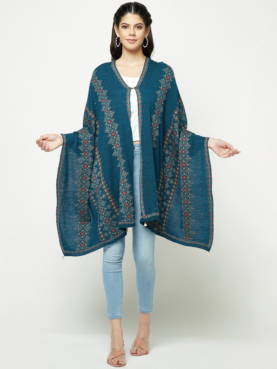 

Knitstudio Floral Self Design Woollen Longline Poncho, Teal