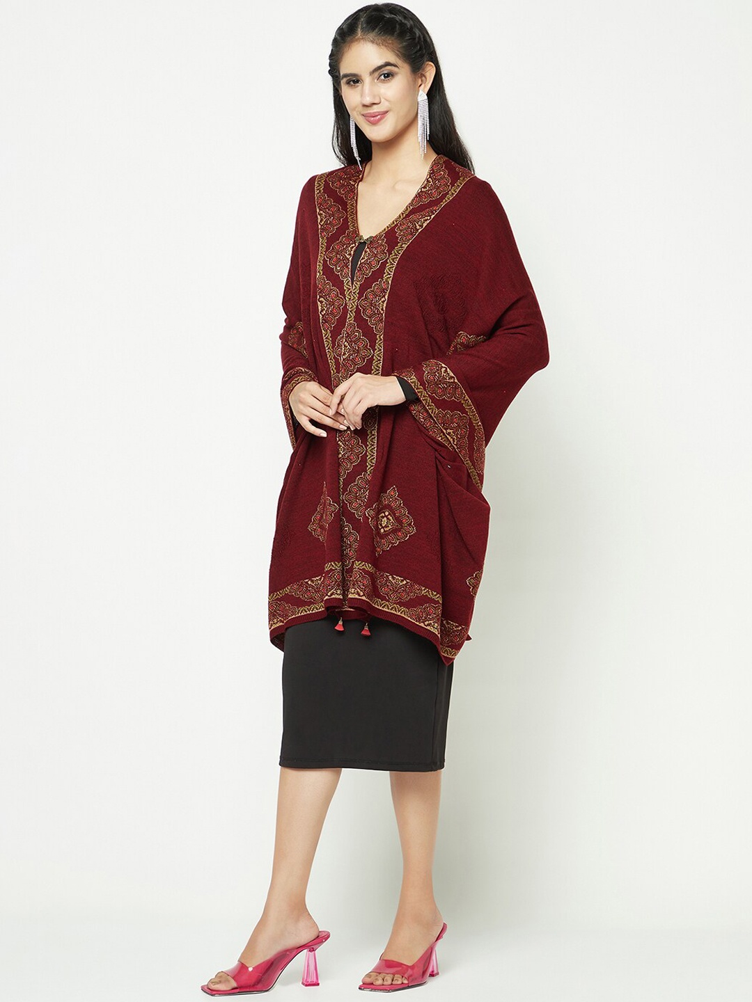 

Knitstudio Ethnic Motifs Woven Design Woollen Acrylic Button Shawl, Maroon