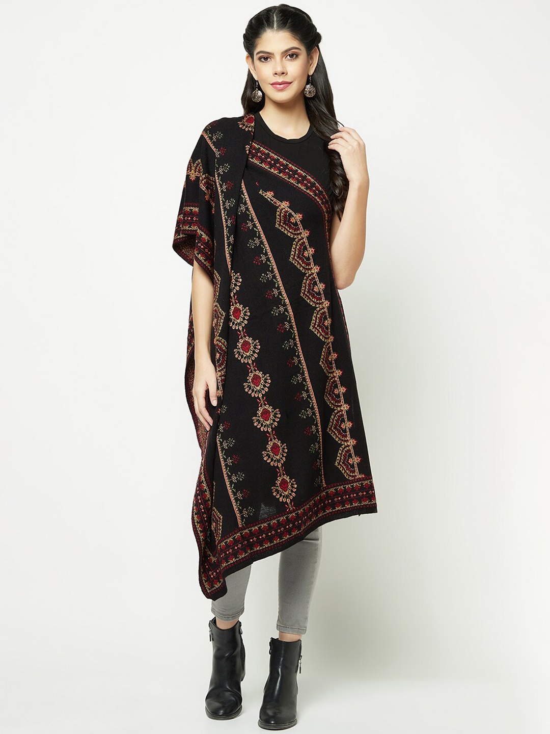 

Knitstudio Floral Woven Design Knitted Shawl, Black