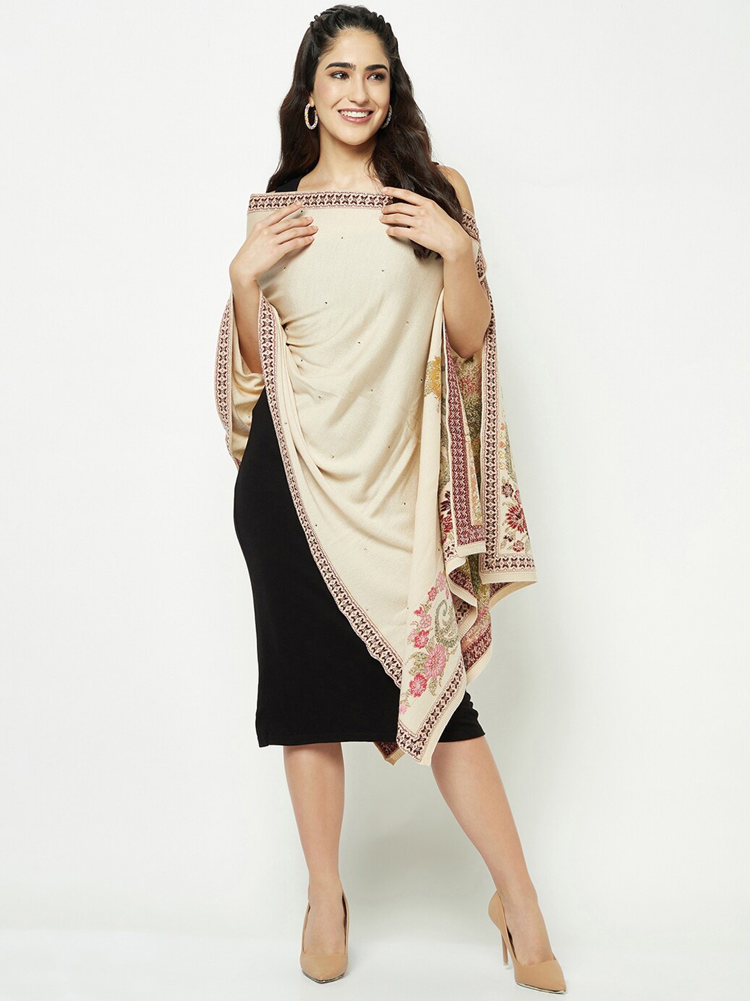 

Knitstudio Floral Woven Design Knitted Shawl, Beige