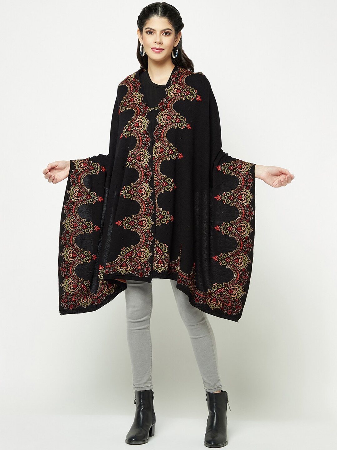

Knitstudio Floral Woven Design Knitted Shawl, Black