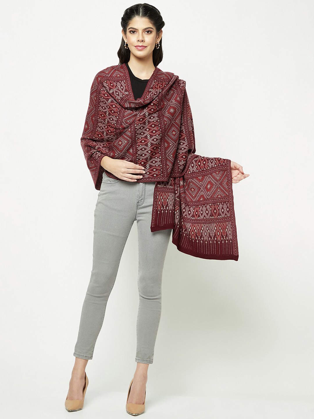 

Knitstudio Ethnic Motifs Woven Design Shawl, Maroon