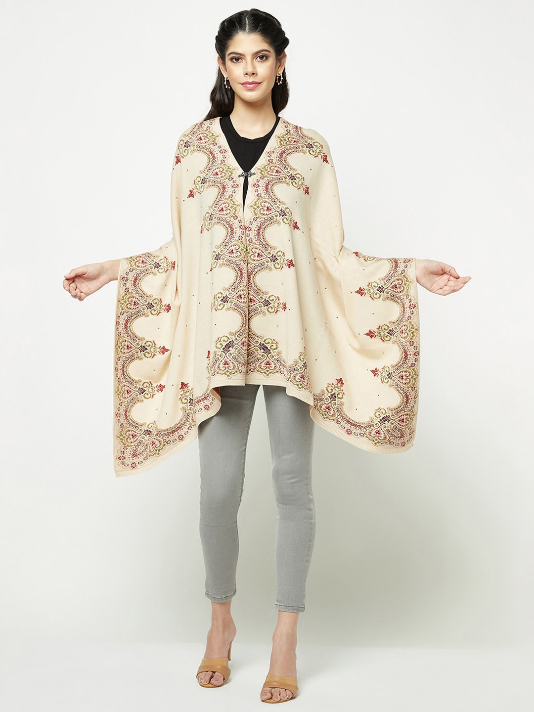 

Knitstudio Ethnic Motifs Self Design Longline Acrylic Shrug, Beige