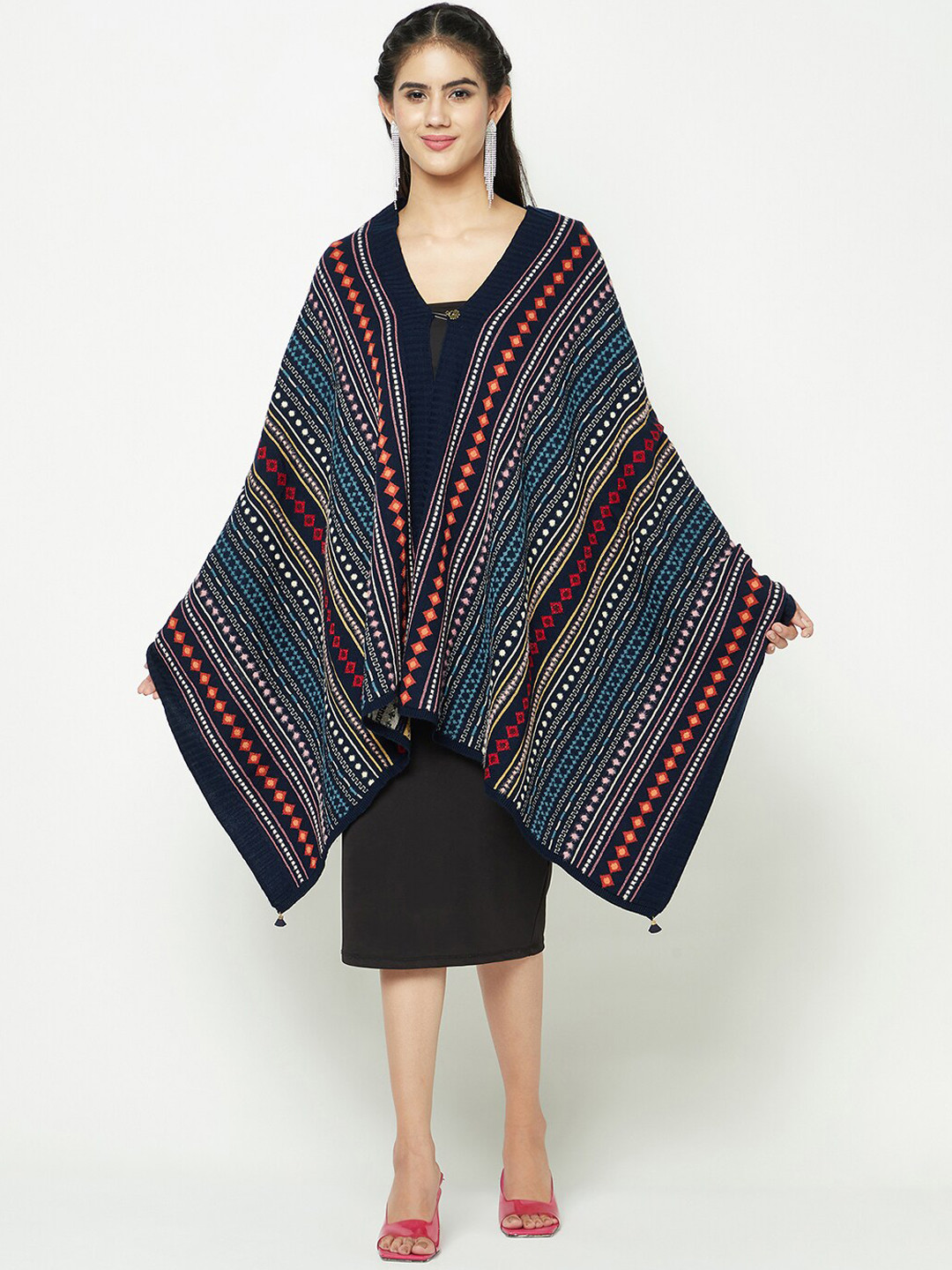 

Knitstudio Geometric Self Design Woollen Longline Poncho, Navy blue