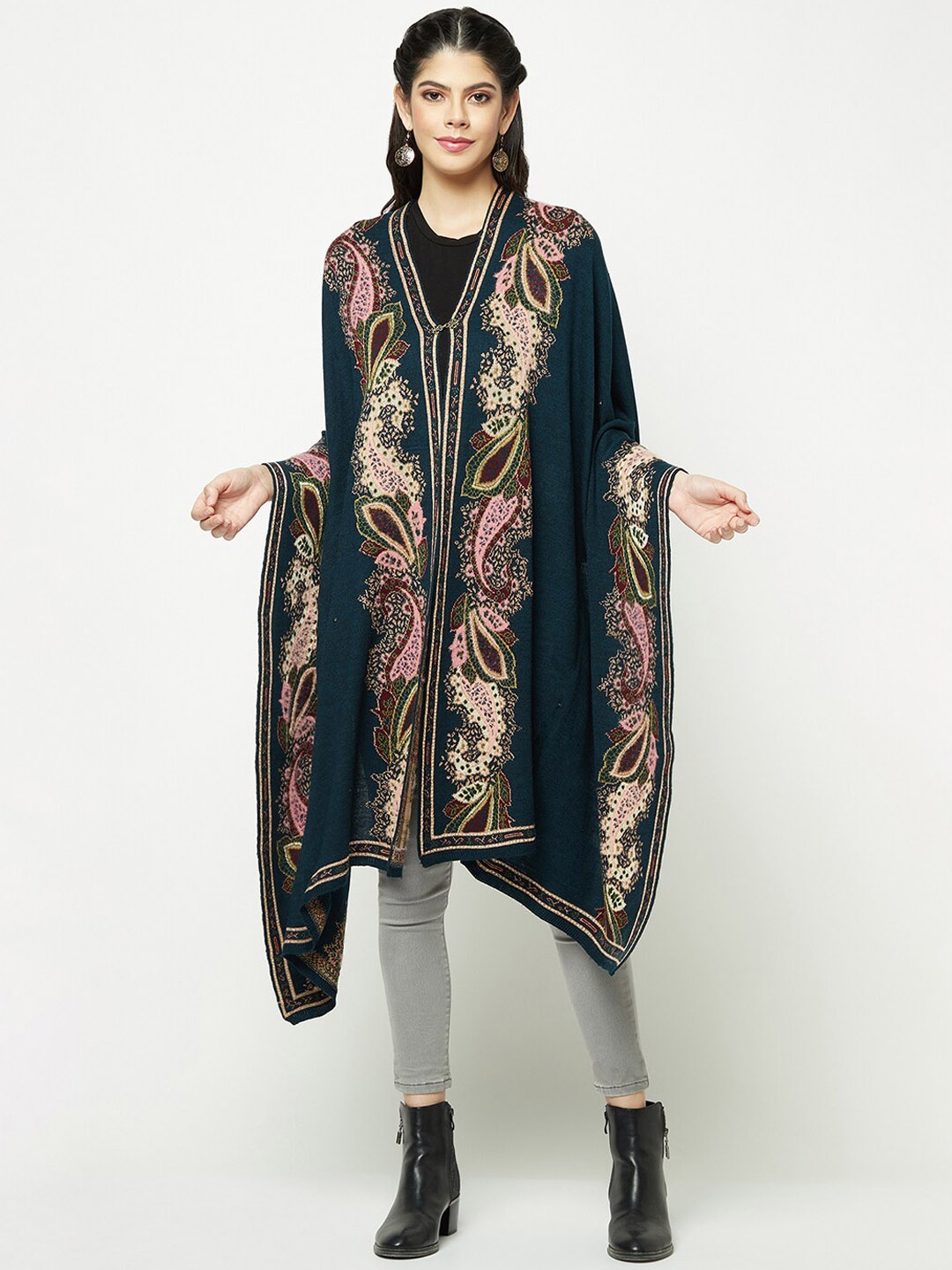 

Knitstudio Ethnic Motifs Self Design Longline Acrylic Shrug, Teal