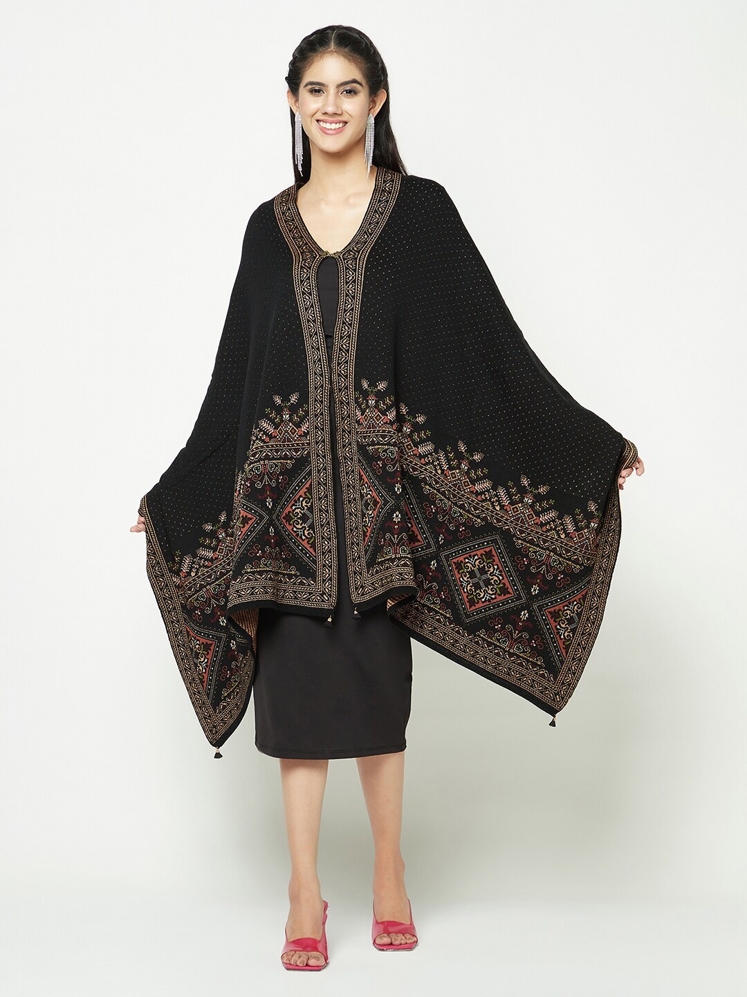 

Knitstudio Floral Self Design Woollen Longline Poncho, Black