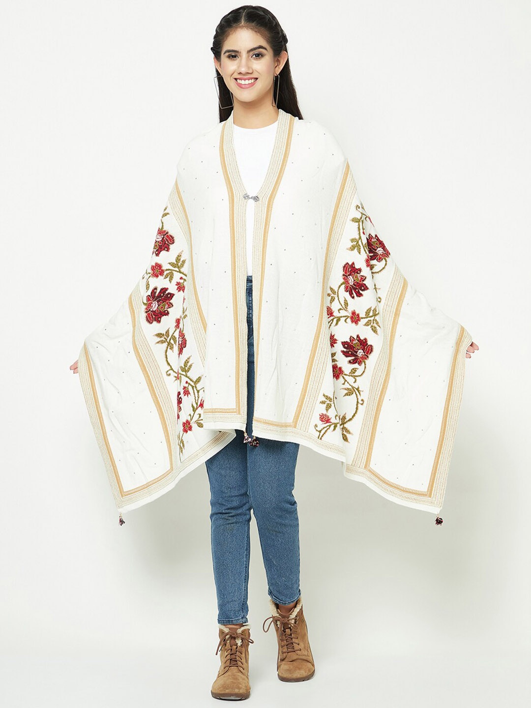 

Knitstudio Ethnic Woven Design Longline Button Shrug, Off white